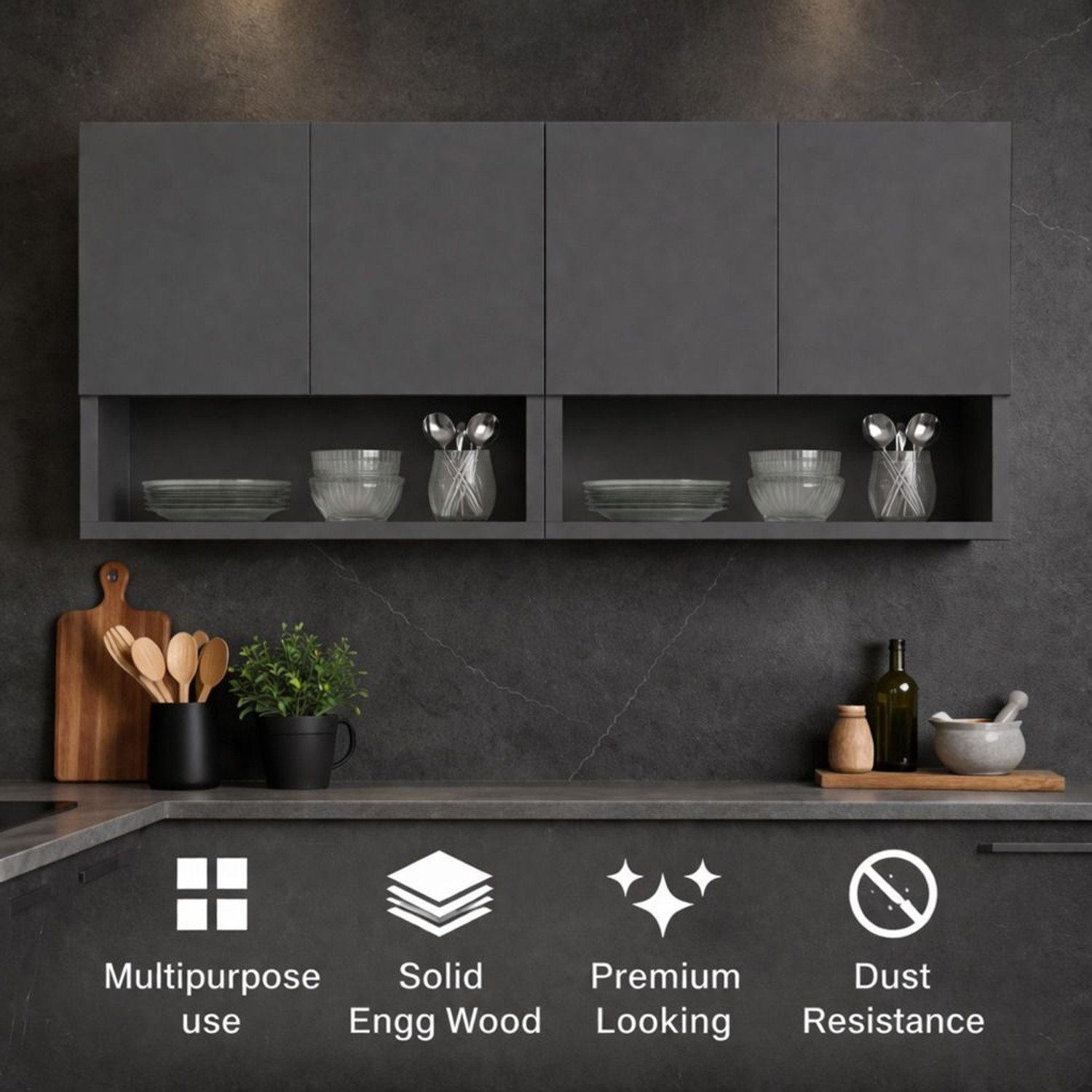 Image of Spyder Craft Wall Mounted Kitchen Cabinet 4 Door with 2 Open Shelves Storage for Home Kitchen Engineered Wood Kitchen Cabinet (Finish Color - Grey, DIY(Do-It-Yourself))
