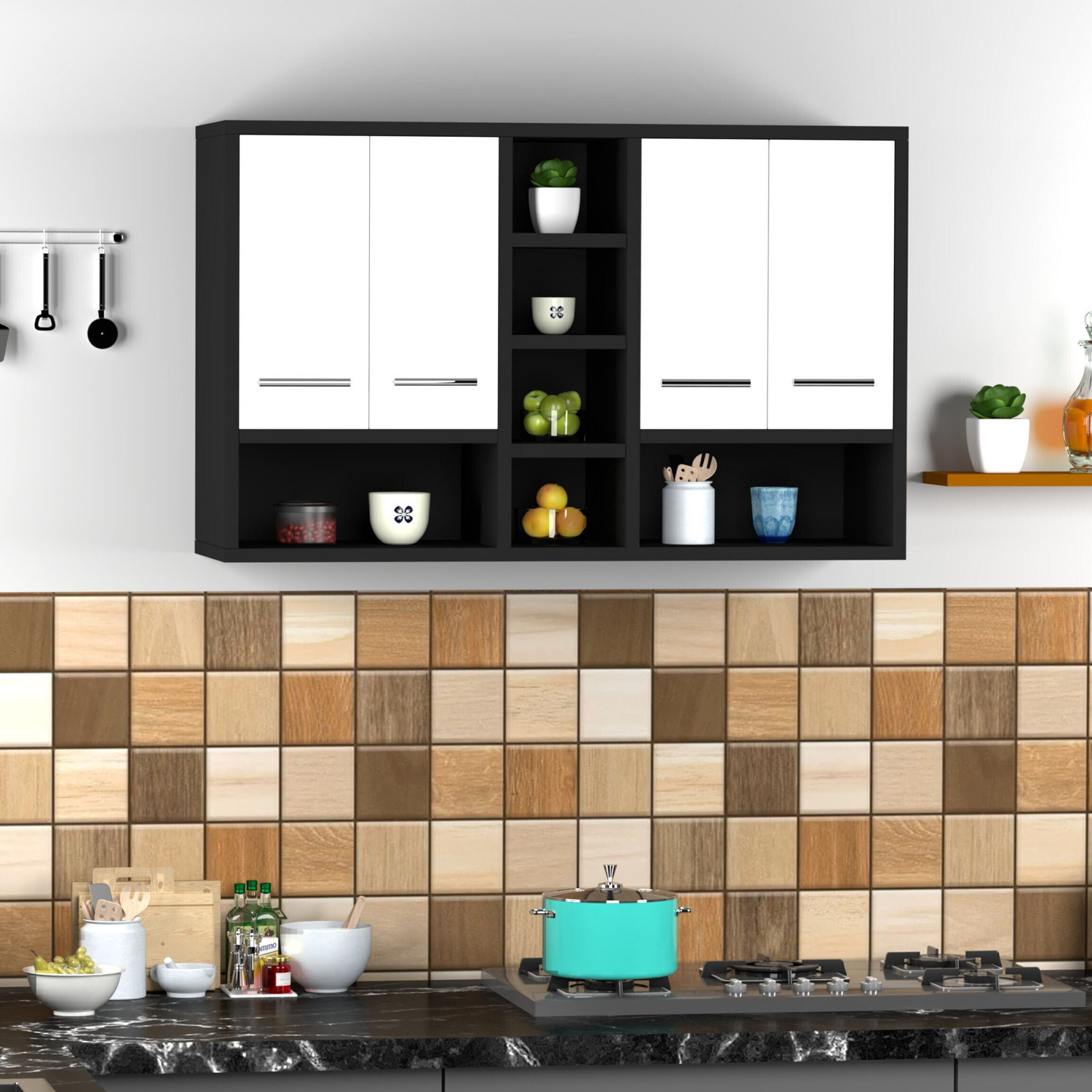 Image of Divysa Kitchen Unit 4 Door Wall Mounted Kitchen Cabinet with Mid 3 Shelf for Kitchen Engineered Wood Kitchen Cabinet (Finish Color - Black & White, DIY(Do-It-Yourself))