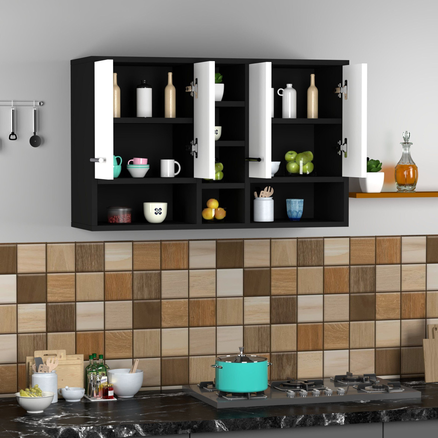 Image of Divysa Kitchen Unit 4 Door Wall Mounted Kitchen Cabinet with Mid 3 Shelf for Kitchen Engineered Wood Kitchen Cabinet (Finish Color - Black & White, DIY(Do-It-Yourself))