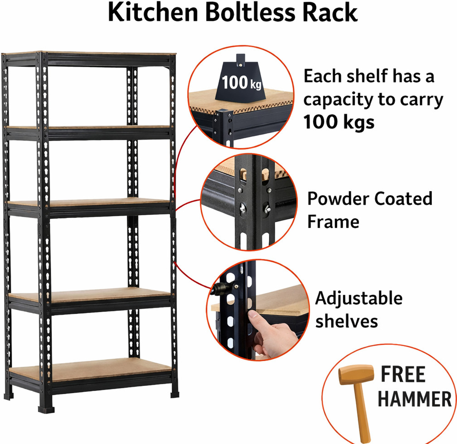 Image of ARLAVYA 5 Shelf Adjustable Boltless Rack for Home with free Hammer | Luggage Rack | Metal Kitchen Cabinet (Finish Color - Black (5'3 inch), DIY(Do-It-Yourself))