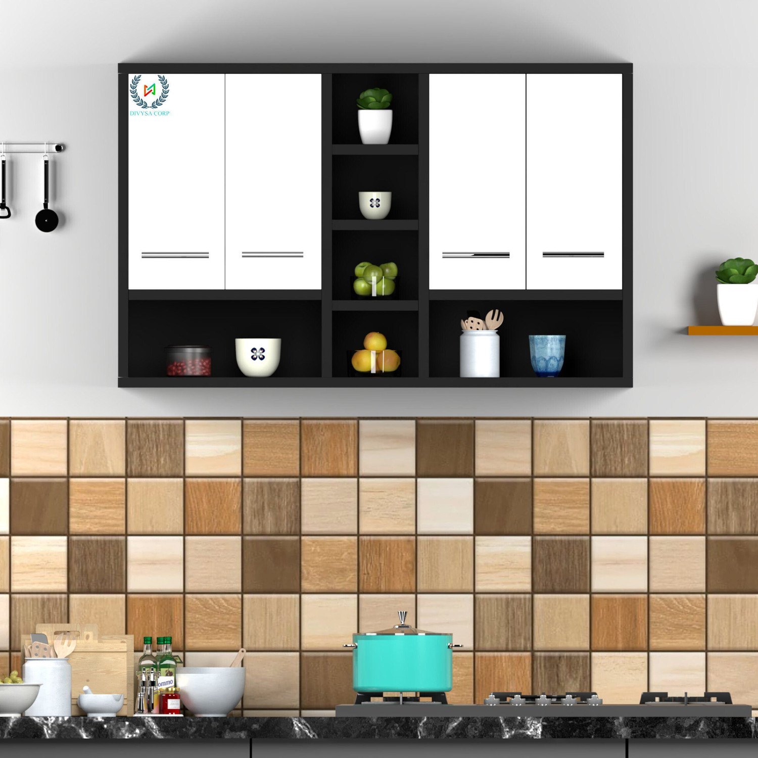 Image of Divysa Kitchen Unit 4 Door Wall Mounted Kitchen Cabinet with Mid 3 Shelf for Kitchen Engineered Wood Kitchen Cabinet (Finish Color - Black & White, DIY(Do-It-Yourself))