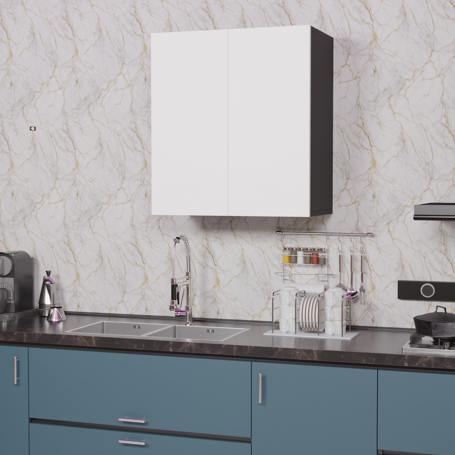 Image of Divysa Kitchen Unit 4 Door Wall Mounted Kitchen Cabinet with Mid 3 Shelf for Kitchen Engineered Wood Kitchen Cabinet (Finish Color - Black & White, DIY(Do-It-Yourself))
