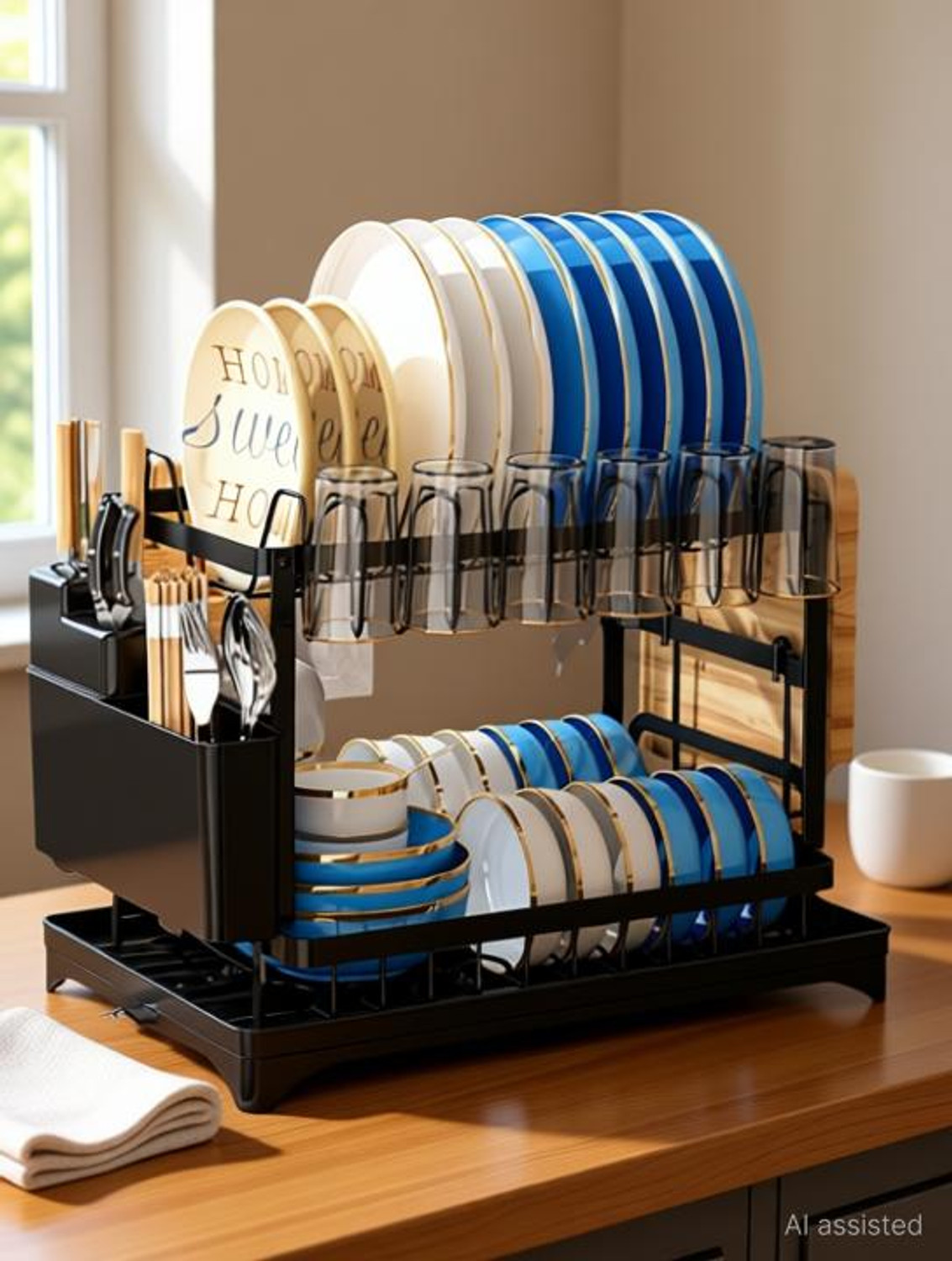 Image of ZENOVIA Dish Drainer Kitchen Rack Black 2-Tier Dish Drying Rack & Kitchen Organizer with Drain Tray & Holders Steel