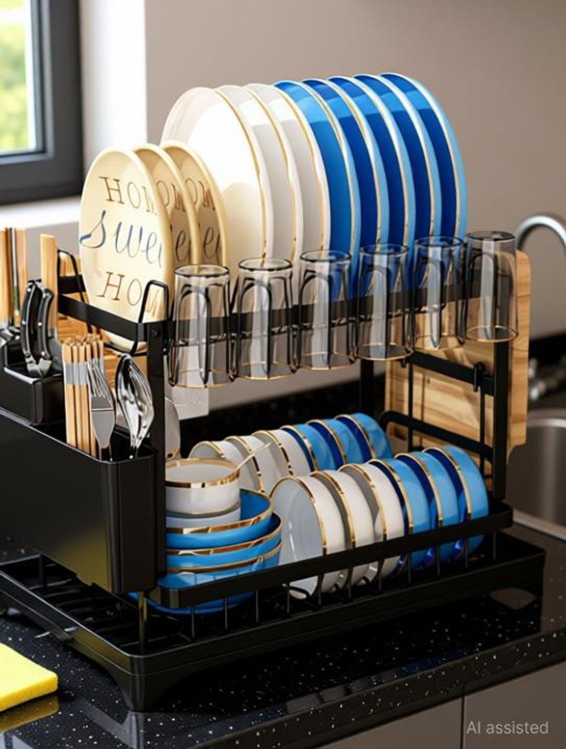 Image of ZENOVIA Dish Drainer Kitchen Rack Black 2-Tier Dish Drying Rack & Kitchen Organizer with Drain Tray & Holders Steel