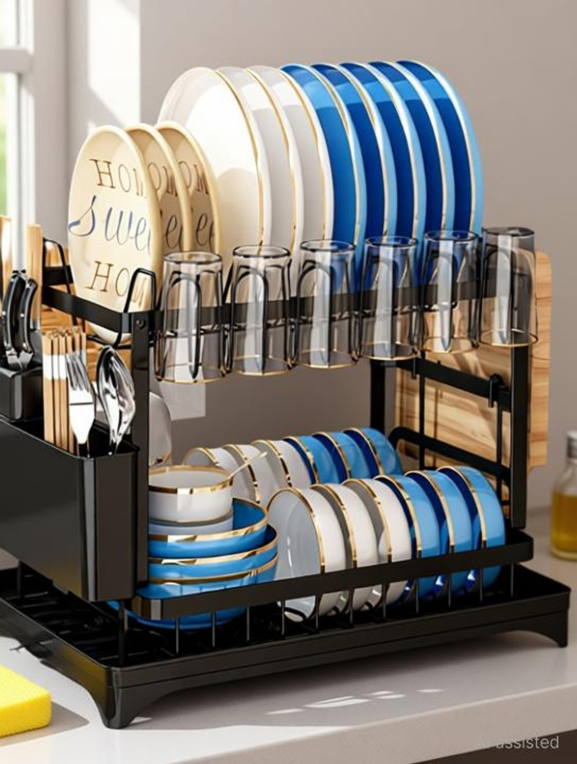 Image of ZENOVIA Dish Drainer Kitchen Rack Black 2-Tier Dish Drying Rack & Kitchen Organizer with Drain Tray & Holders Steel