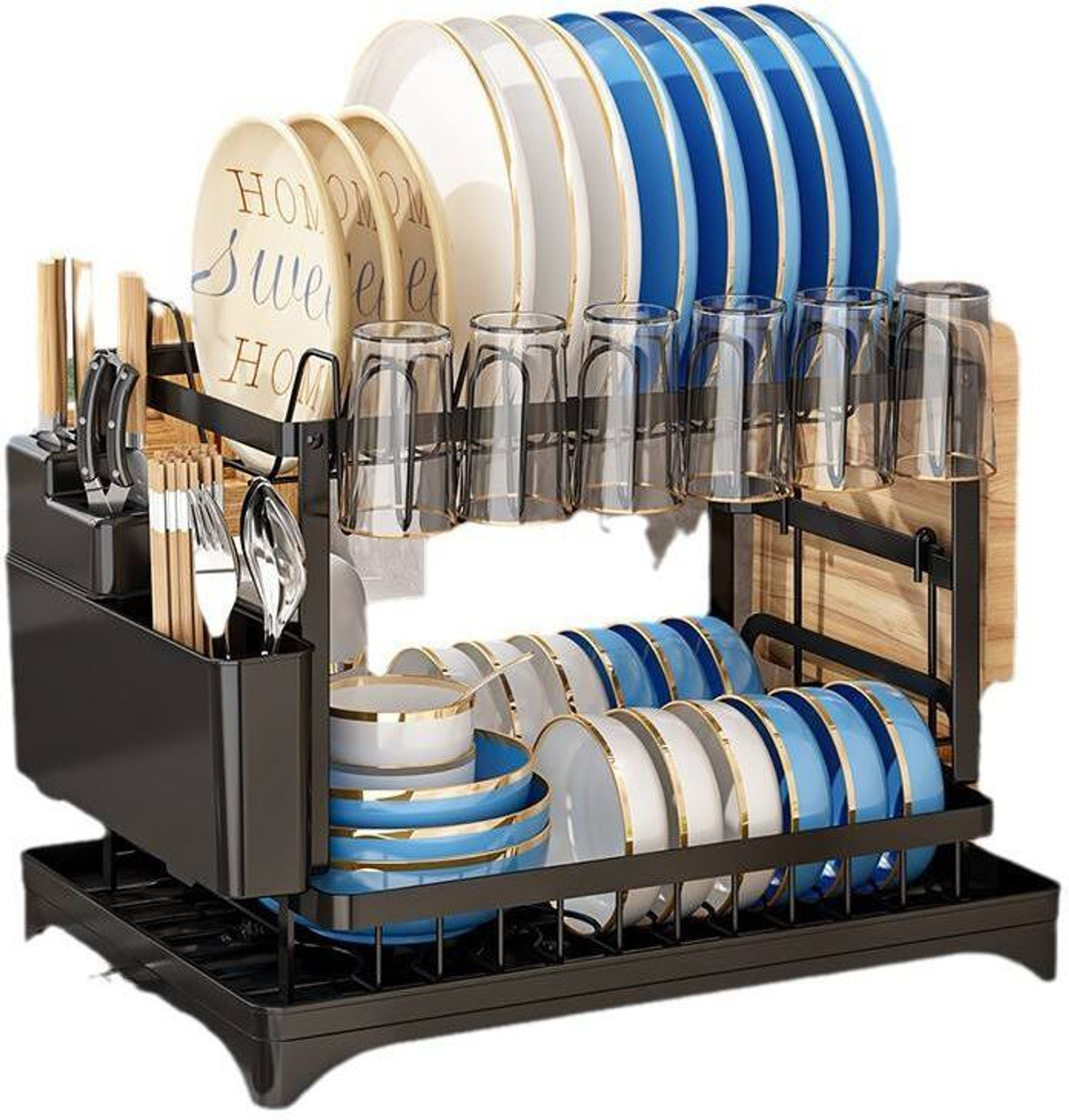 Image of ZENOVIA Dish Drainer Kitchen Rack Black 2-Tier Dish Drying Rack & Kitchen Organizer with Drain Tray & Holders Steel