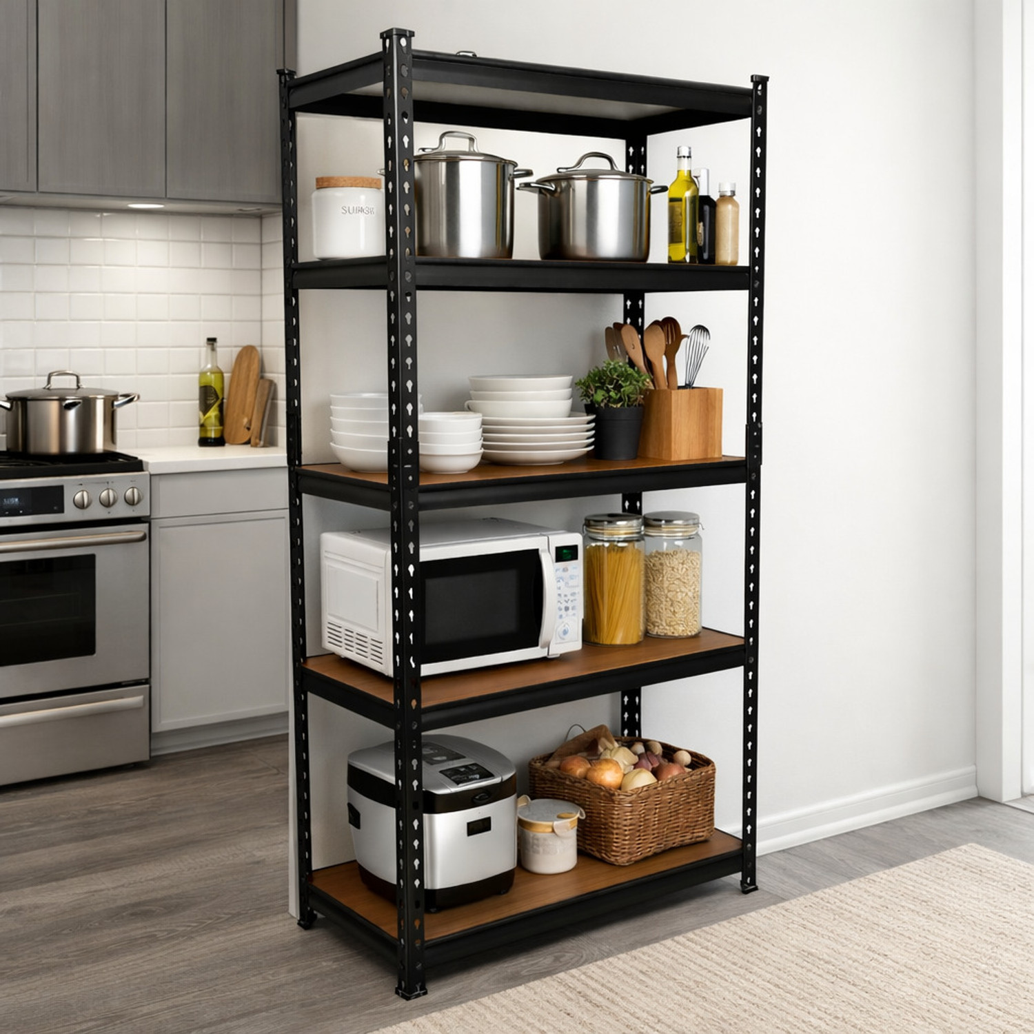 Image of ARLAVYA 5 Shelf Adjustable Boltless Rack for Home with free Hammer | Luggage Rack | Metal Kitchen Cabinet (Finish Color - Black (5'3 inch), DIY(Do-It-Yourself))