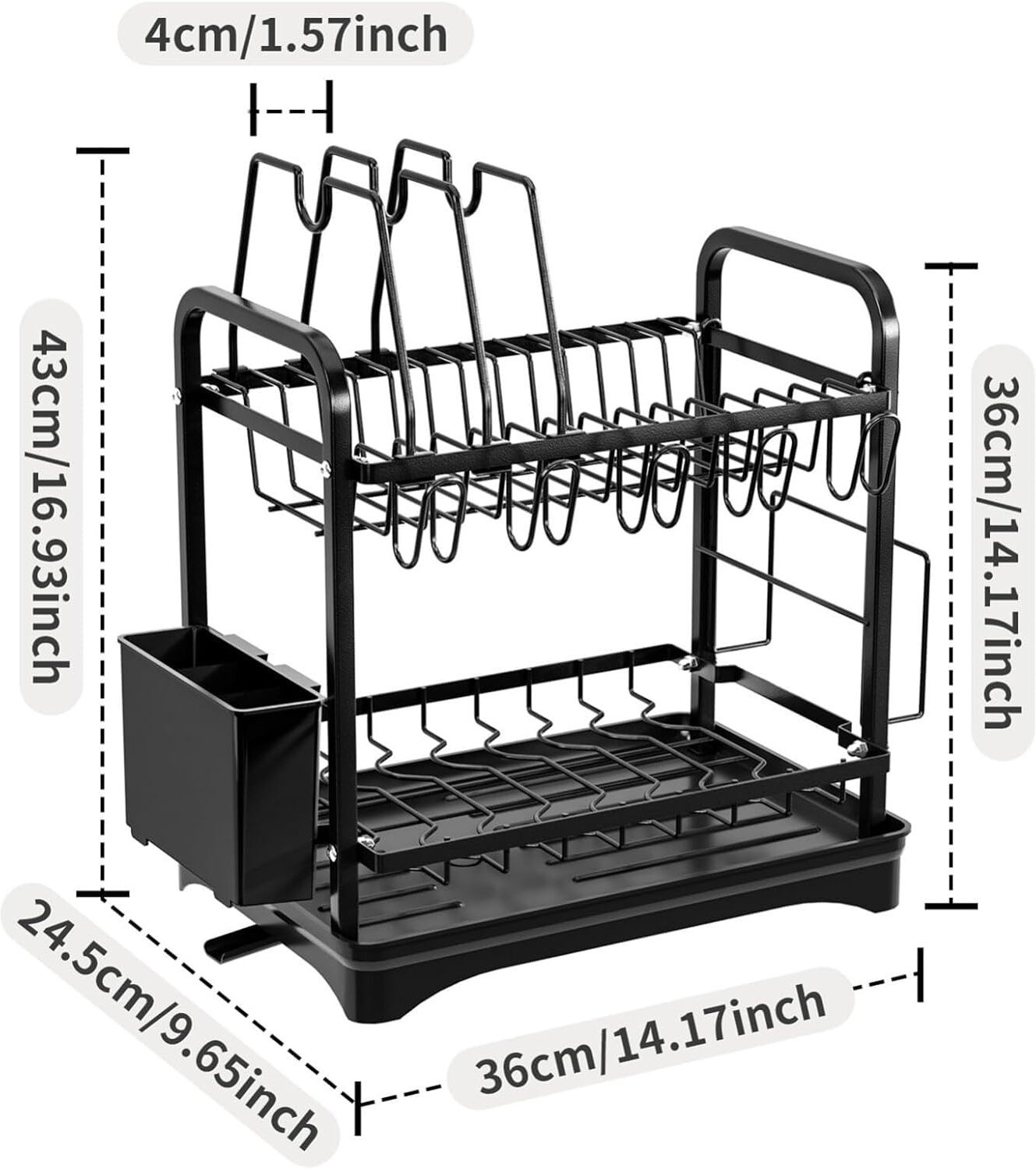Image of ZENOVIA Dish Drainer Kitchen Rack Black 2-Tier Dish Drying Rack & Kitchen Organizer with Drain Tray & Holders Steel