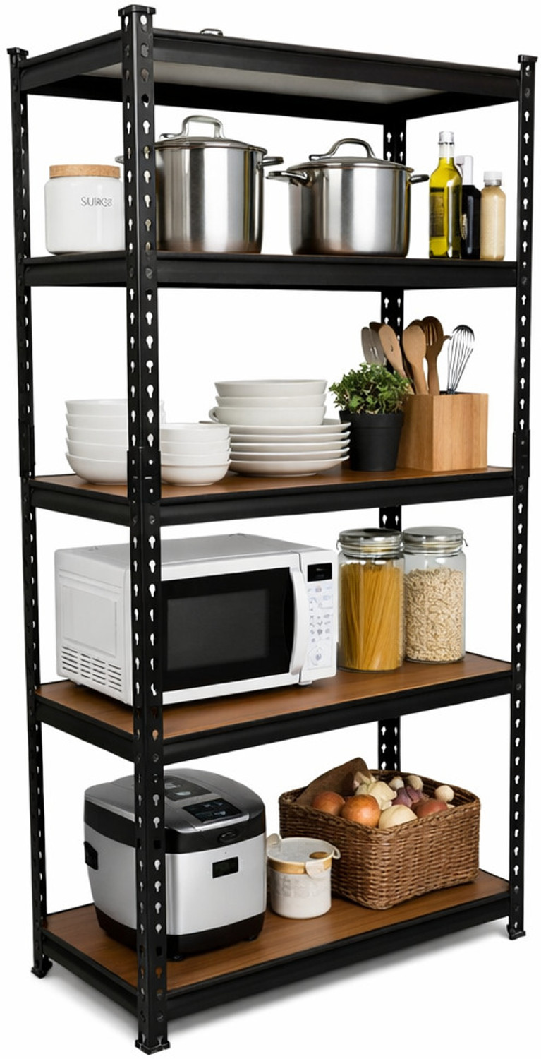 Image of ARLAVYA 5 Shelf Adjustable Boltless Rack for Home with free Hammer | Luggage Rack | Metal Kitchen Cabinet (Finish Color - Black (5'3 inch), DIY(Do-It-Yourself))