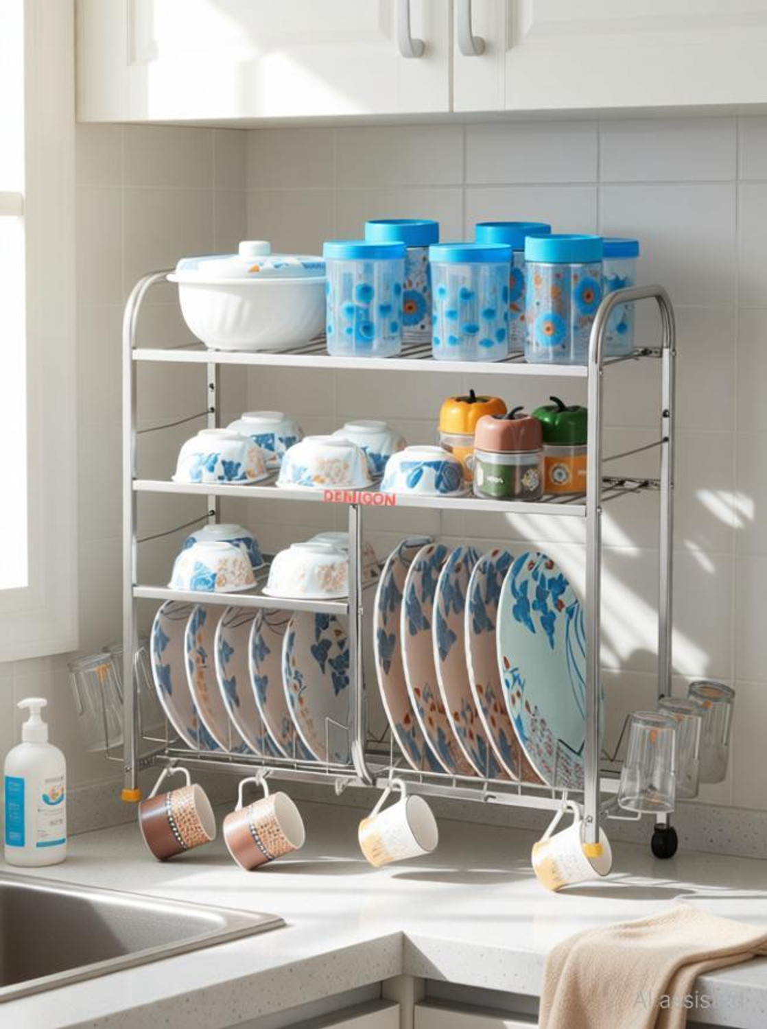 Image of DEMIQON Utensil Kitchen Rack 24x 24 Inches Kitchen Dish Rack / Plate Cutlery Stand / Modern Kitchen Stand Steel