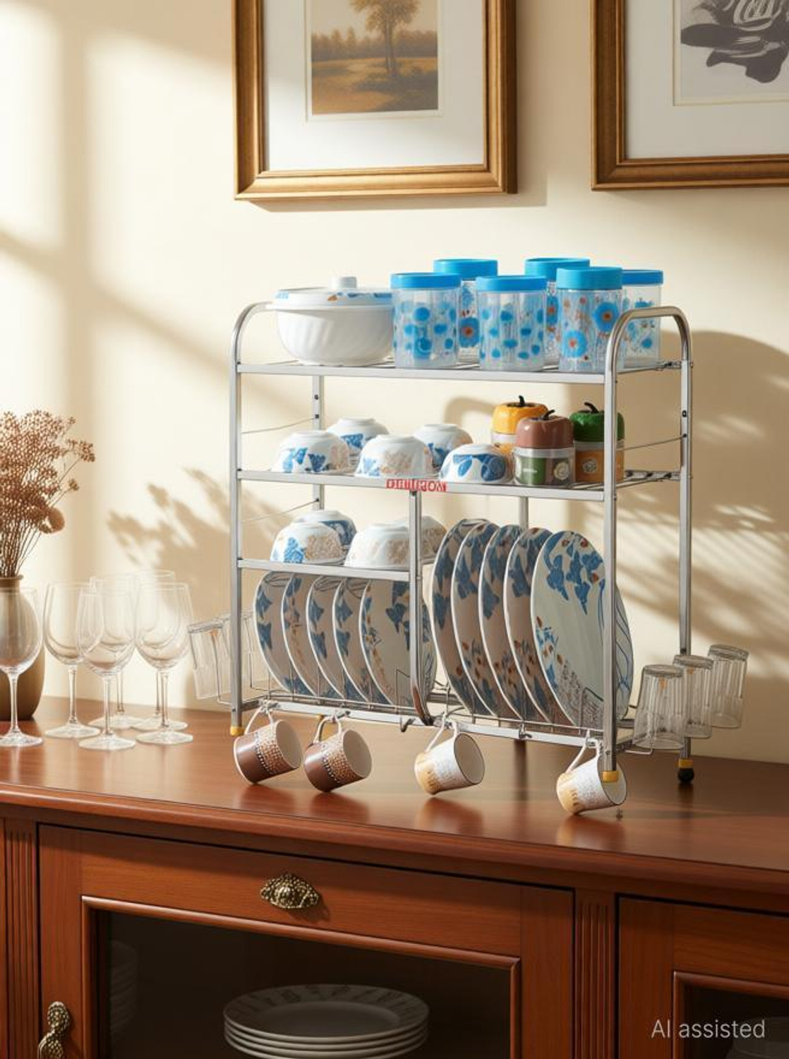 Image of DEMIQON Utensil Kitchen Rack 24x 24 Inches Kitchen Dish Rack / Plate Cutlery Stand / Modern Kitchen Stand Steel