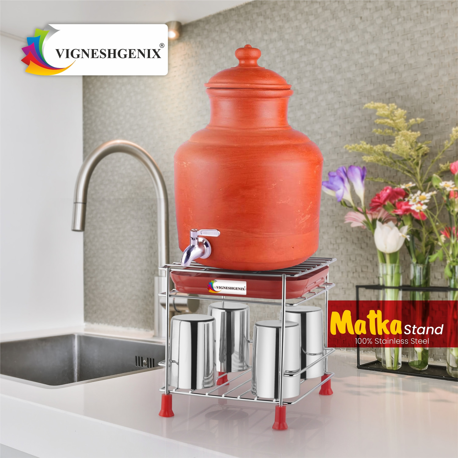 Image of GESCHIR Matka Kitchen Rack Heavy stainless steel Matka stand with plastic tray Plant stand gamla stand Steel