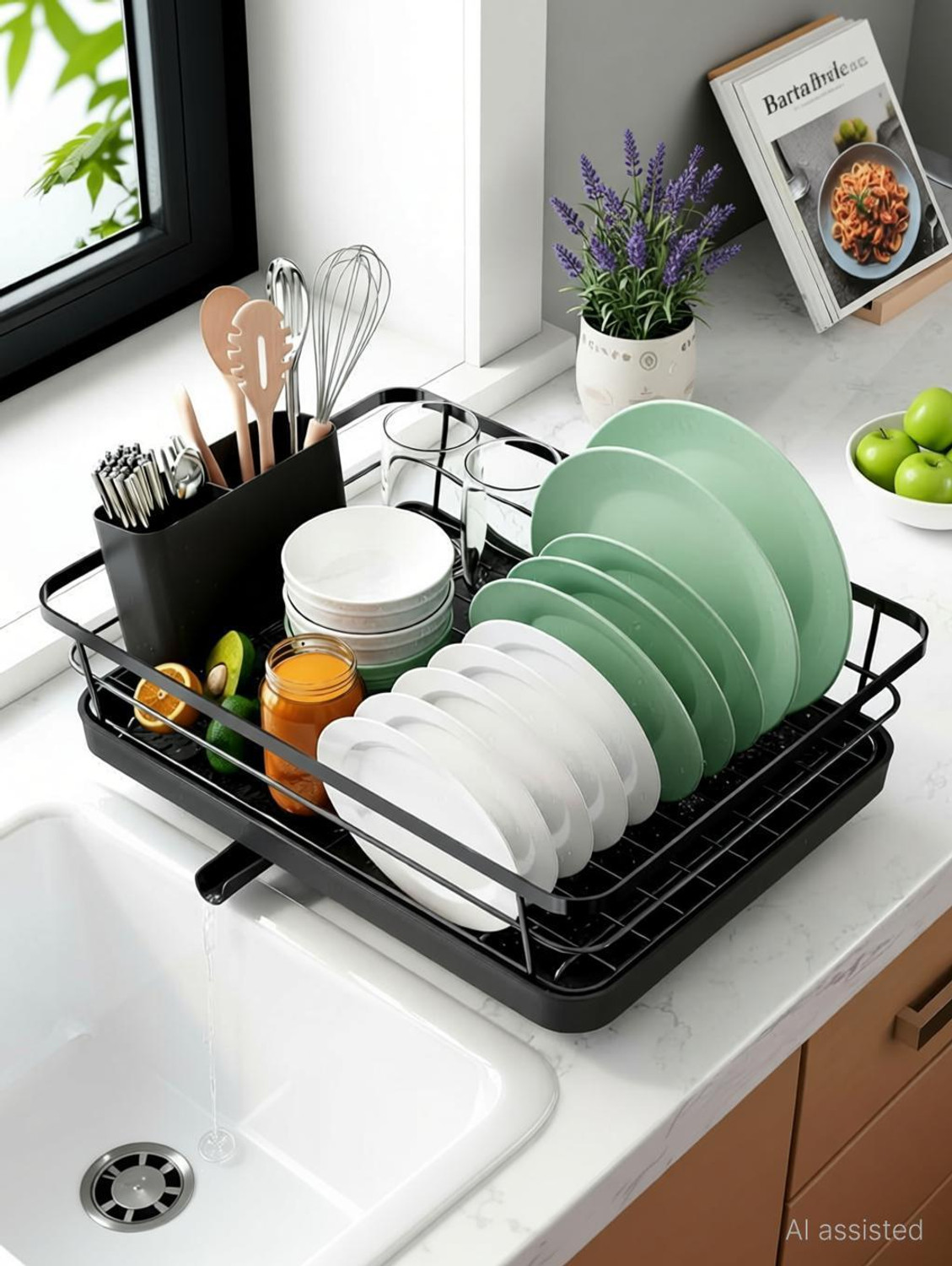 Image of ZENOVIA Dish Drainer Kitchen Rack Black 2-Tier Dish Drying Rack & Kitchen Organizer with Drain Tray & Holders Steel