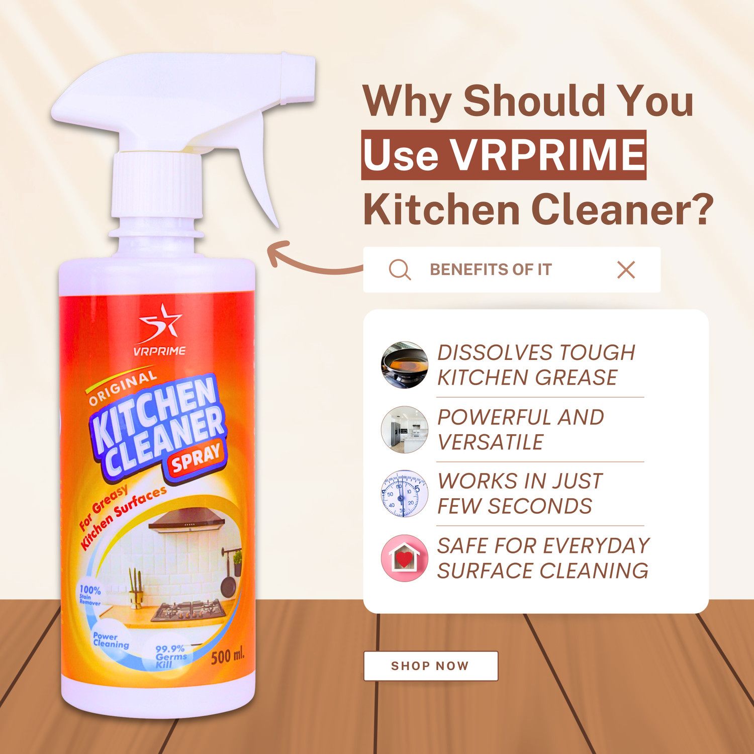Image of VRPRIME Kitchen Cleaner Spray for Tough Grease, Oil Stains & Kitchen Surfaces Kitchen Cleaner (2000 ml, Pack of 4)