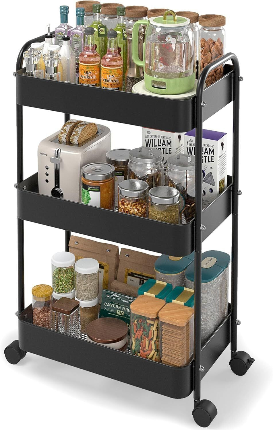 Image of Leader International Leader Multipurpose Trolley 3-Tier Metal Cart, with 360 Wheel (Black) Iron Kitchen Trolley (DIY(Do-It-Yourself))
