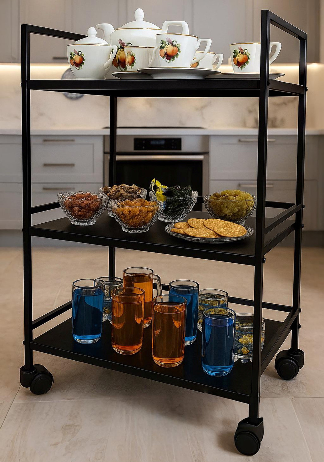 Image of Leader International Leader Multipurpose Trolley 3-Tier Metal Cart, with 360 Wheel (Black) Iron Kitchen Trolley (DIY(Do-It-Yourself))