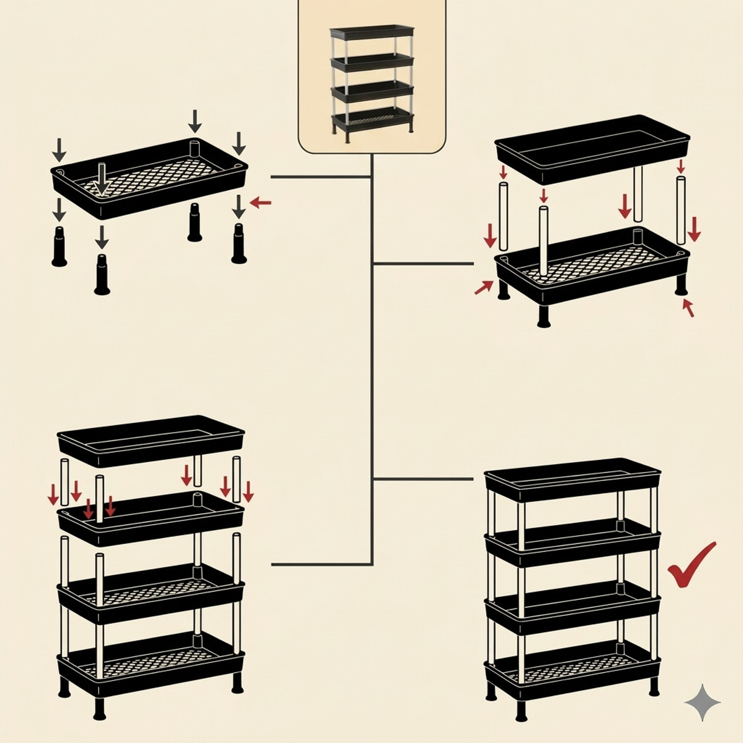 Image of KAISER STORE Storage Rack 4 Layers Plastic Shoe Stand (Black, 4 Shelves, DIY(Do-It-Yourself))