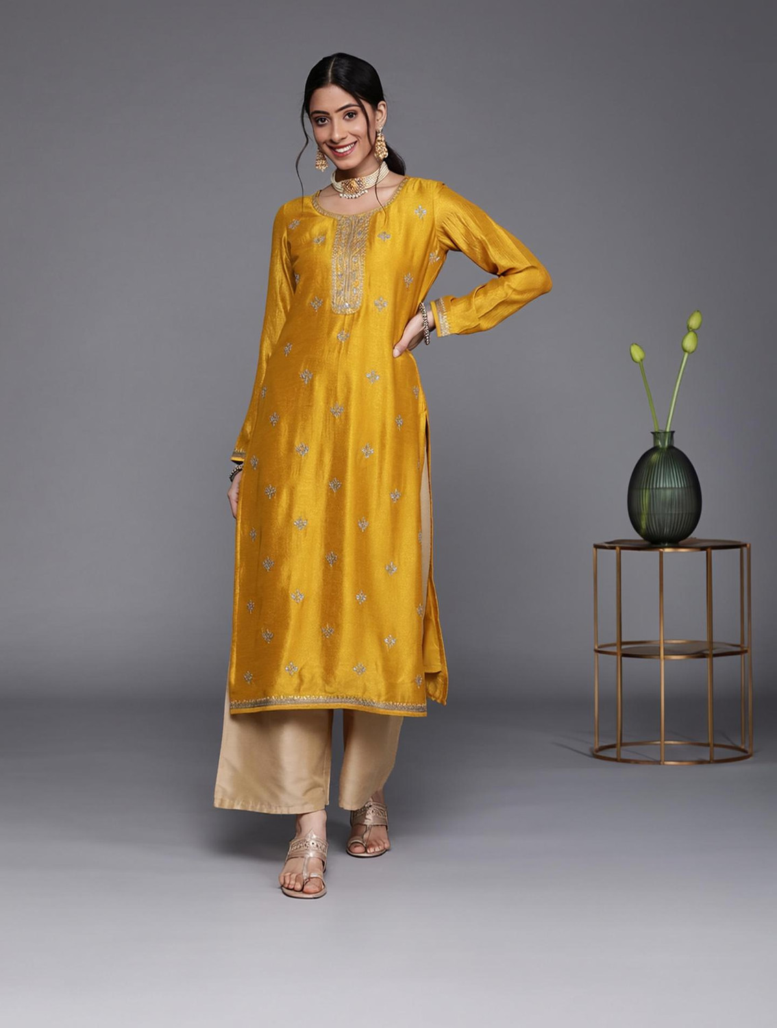 Image of LIBAS Embellished Silk Blend A-line Kurta for Women (Blue)