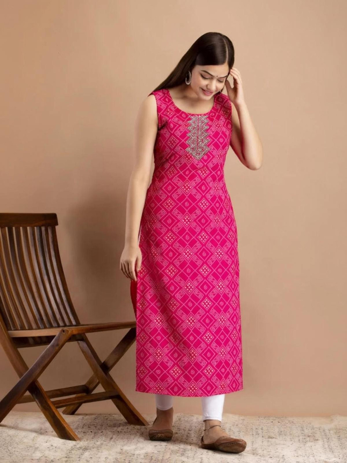 Image of A C KANANI Printed Viscose Rayon Straight Kurta for Women (Pink)