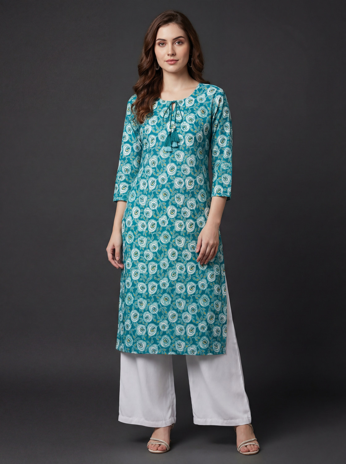 Image of Mahi textile Embroidered Cotton Blend Straight Kurta for Women (Brown)