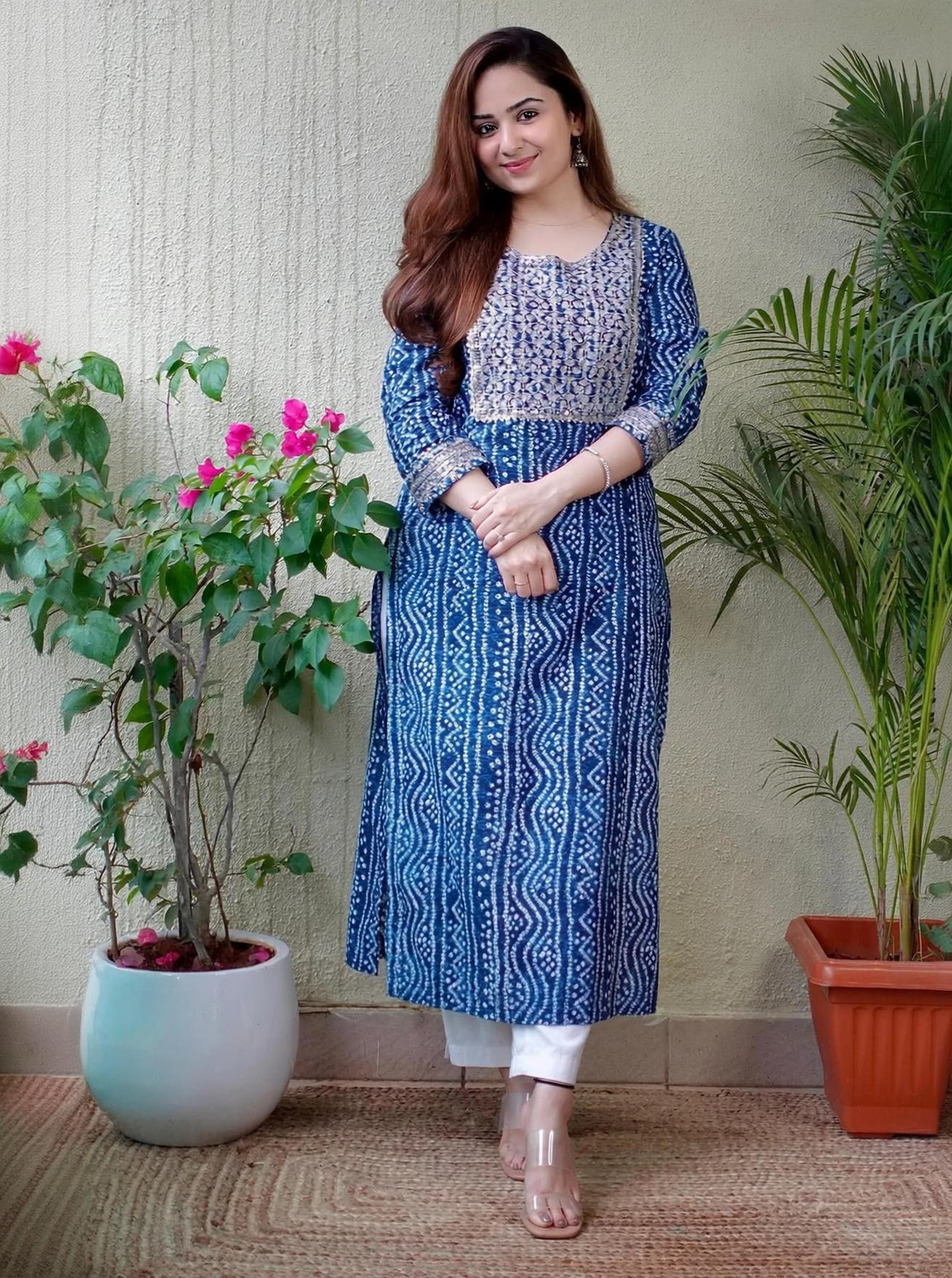 Image of HINDVA FASHION Embroidered Viscose Rayon Anarkali Kurta for Women (Pink, Blue)