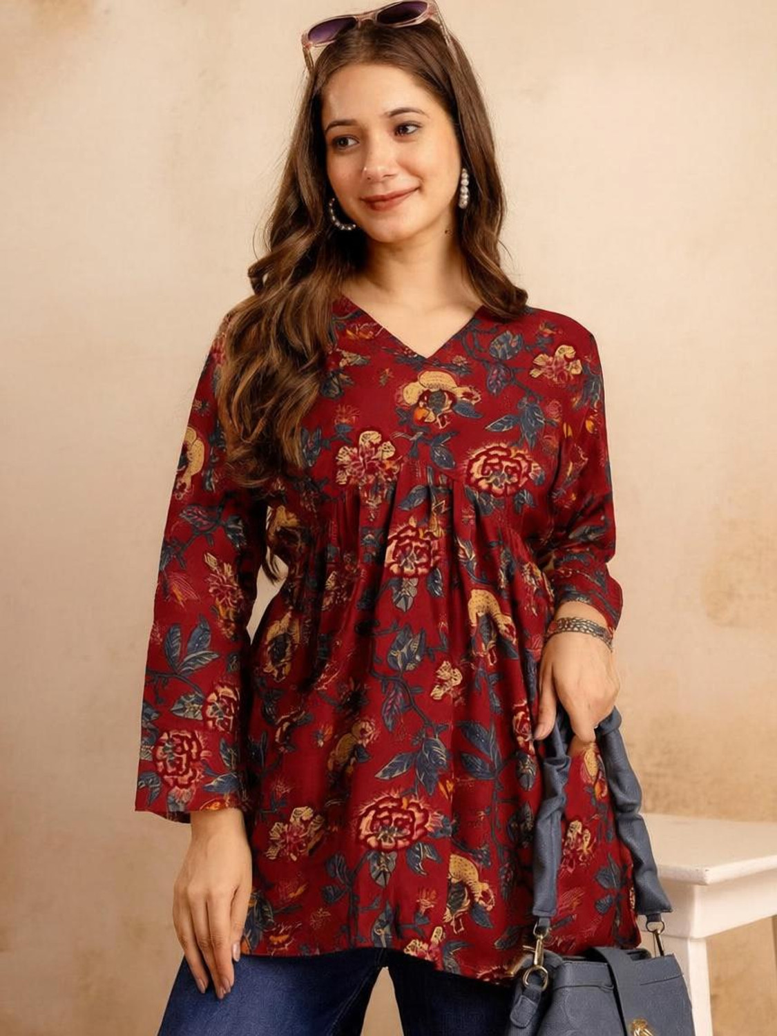 Image of Mialo fashion Floral Print Viscose Rayon Flared Kurta for Women (Red)