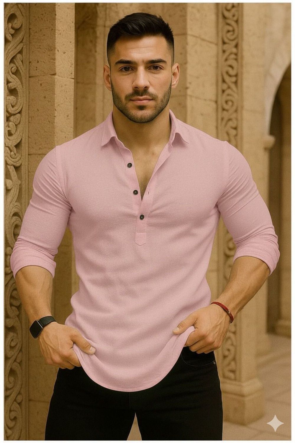 Image of LEVINTA Solid Cotton Blend Straight Kurta for Men (Pink)