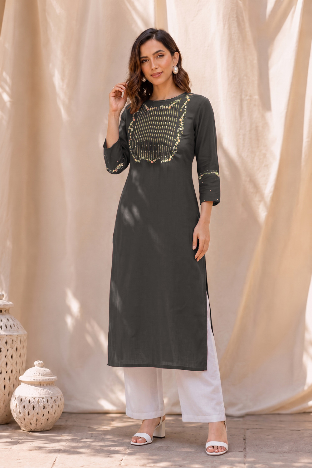 Image of MIRCHI FASHION Embroidered Viscose Rayon Straight Kurta for Women (Black)