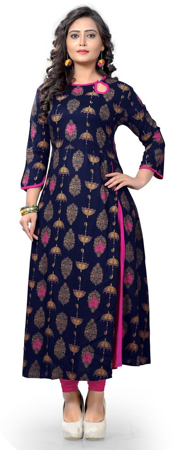 Image of VBUYZ Printed Viscose Rayon A-line Kurta for Women (Blue, Pink)