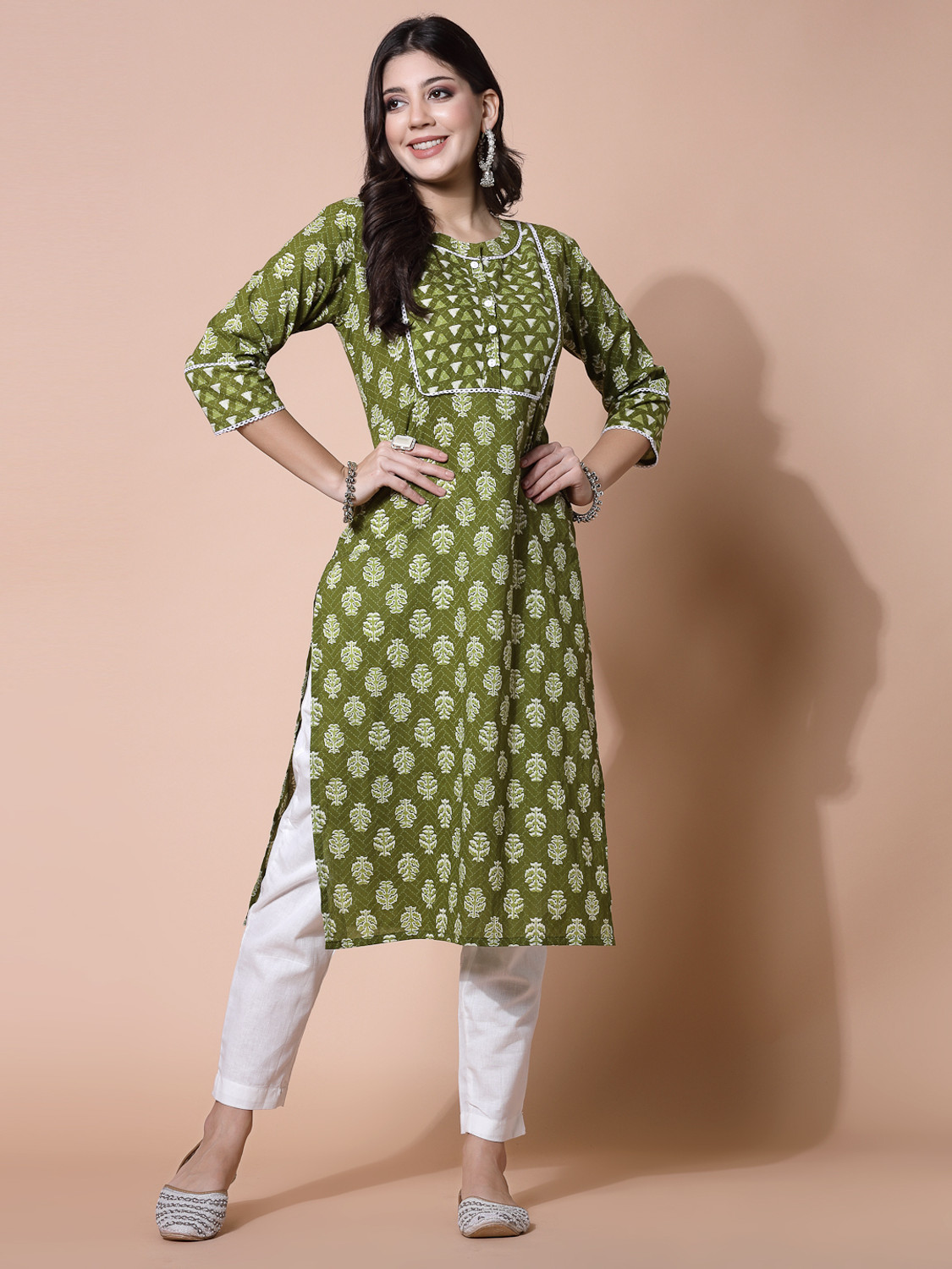 Image of GREYSHADE Floral Print Pure Cotton Straight Kurta for Women (Multicolor)