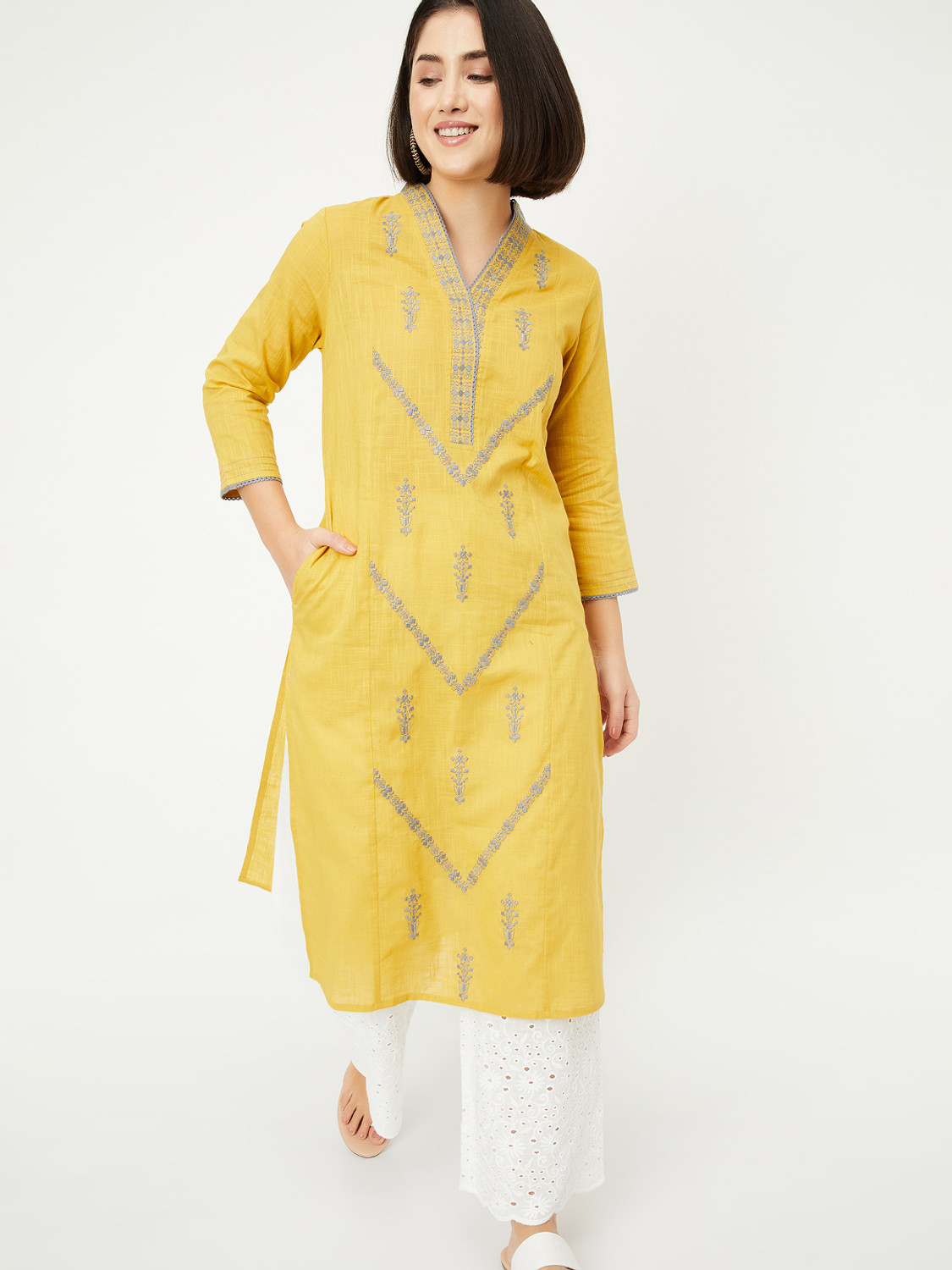 Image of BIBA Solid Viscose Rayon Straight Kurta for Women (Yellow)