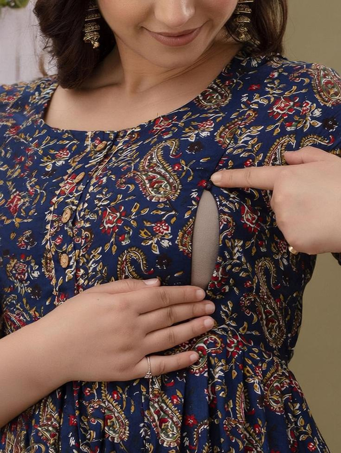 Image of PIROKI Printed Pure Cotton Anarkali Kurta for Women (Blue)
