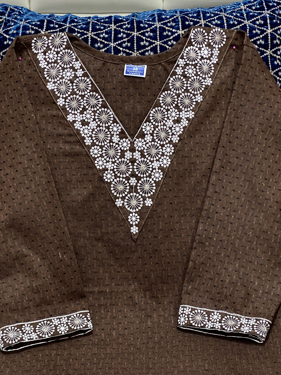 Image of Mahi textile Embroidered Cotton Blend Straight Kurta for Women (Brown)