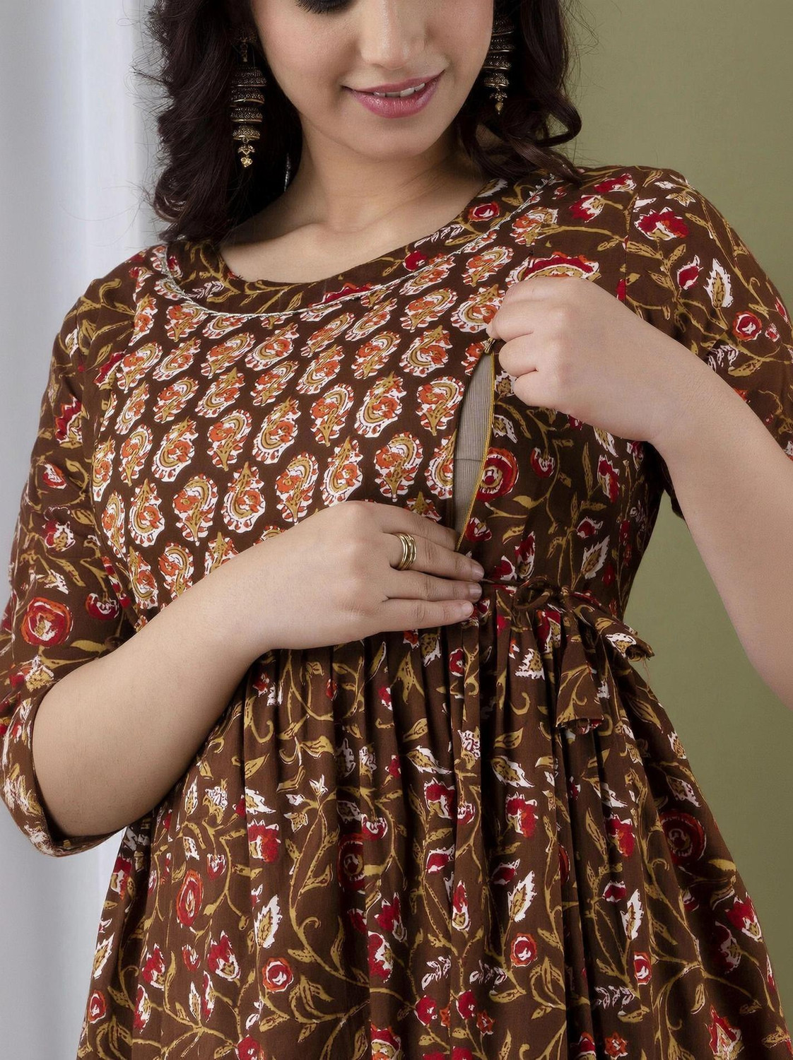 Image of PIROKI Printed Pure Cotton Anarkali Kurta for Women (Maroon)