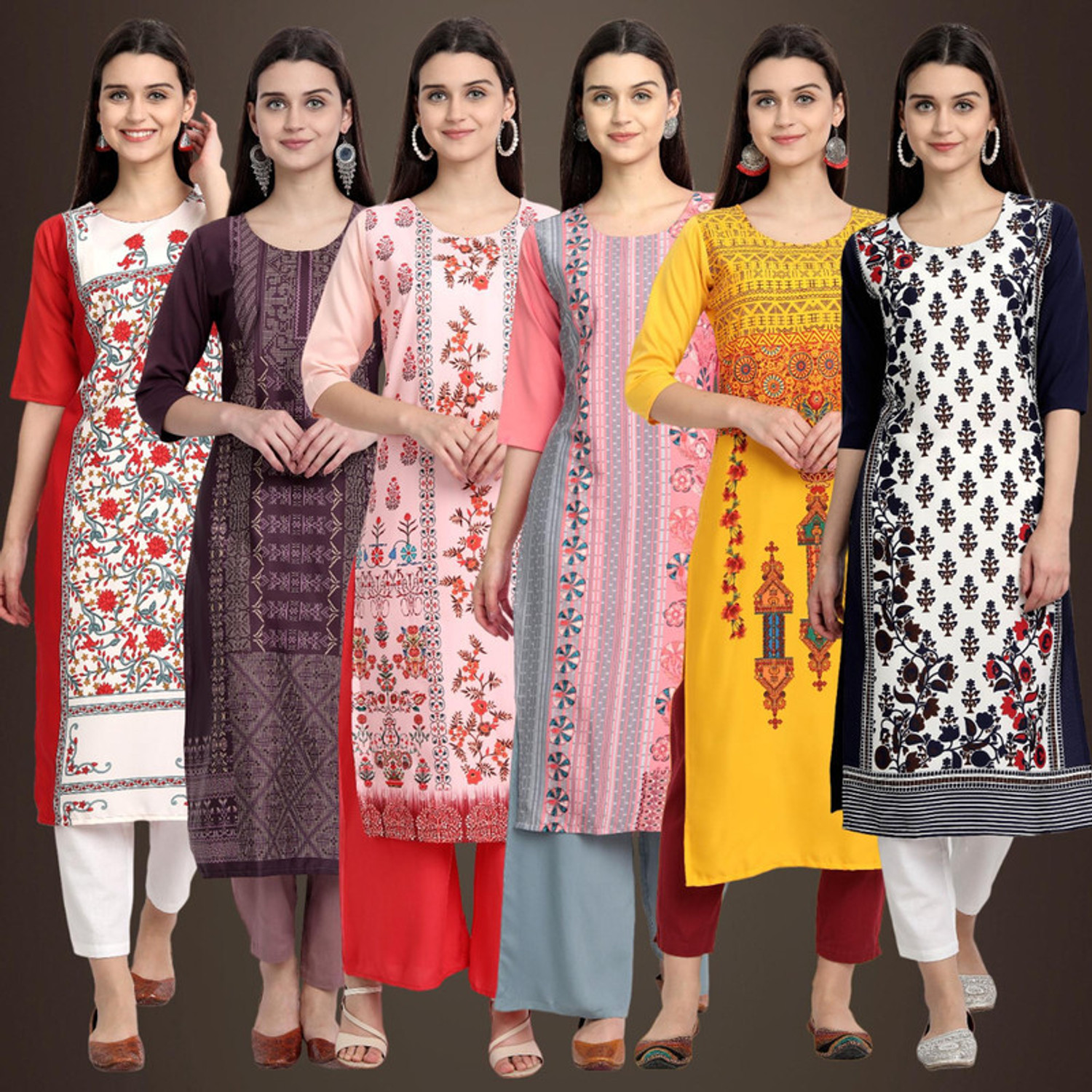 Image of KETAKI FASHION Pack of 6 Printed Polyester Straight Kurta for Women (Multicolor)