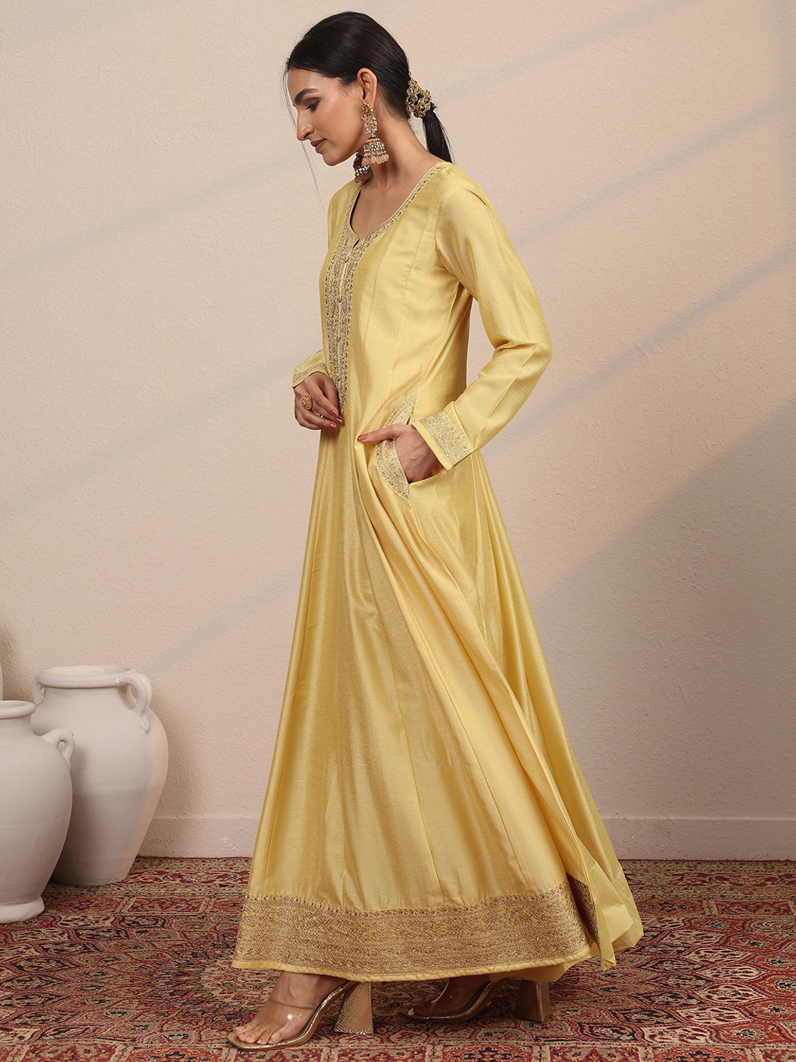 Image of LIBAS Embellished Silk Blend A-line Kurta for Women (Blue)
