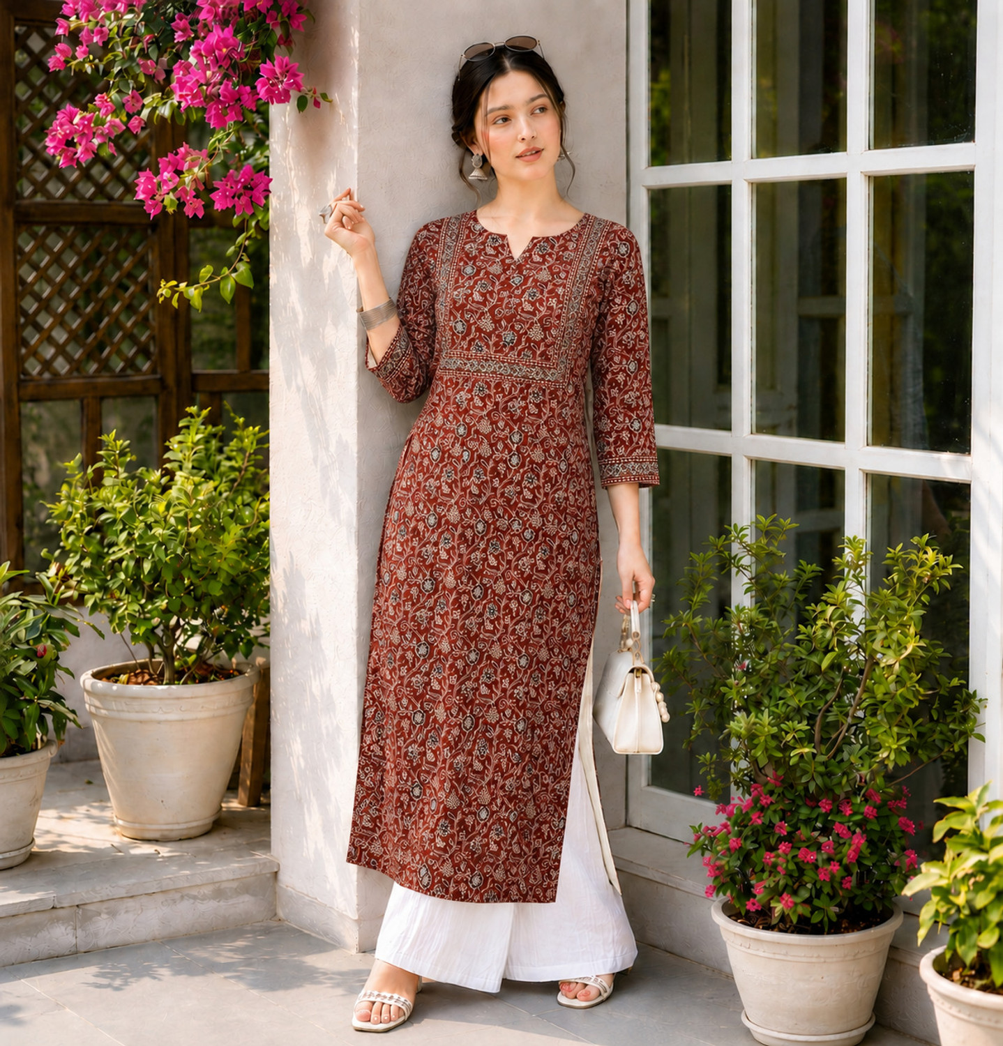 Image of Lascaux Floral Print Viscose Rayon Straight Kurta for Women (Multicolor)