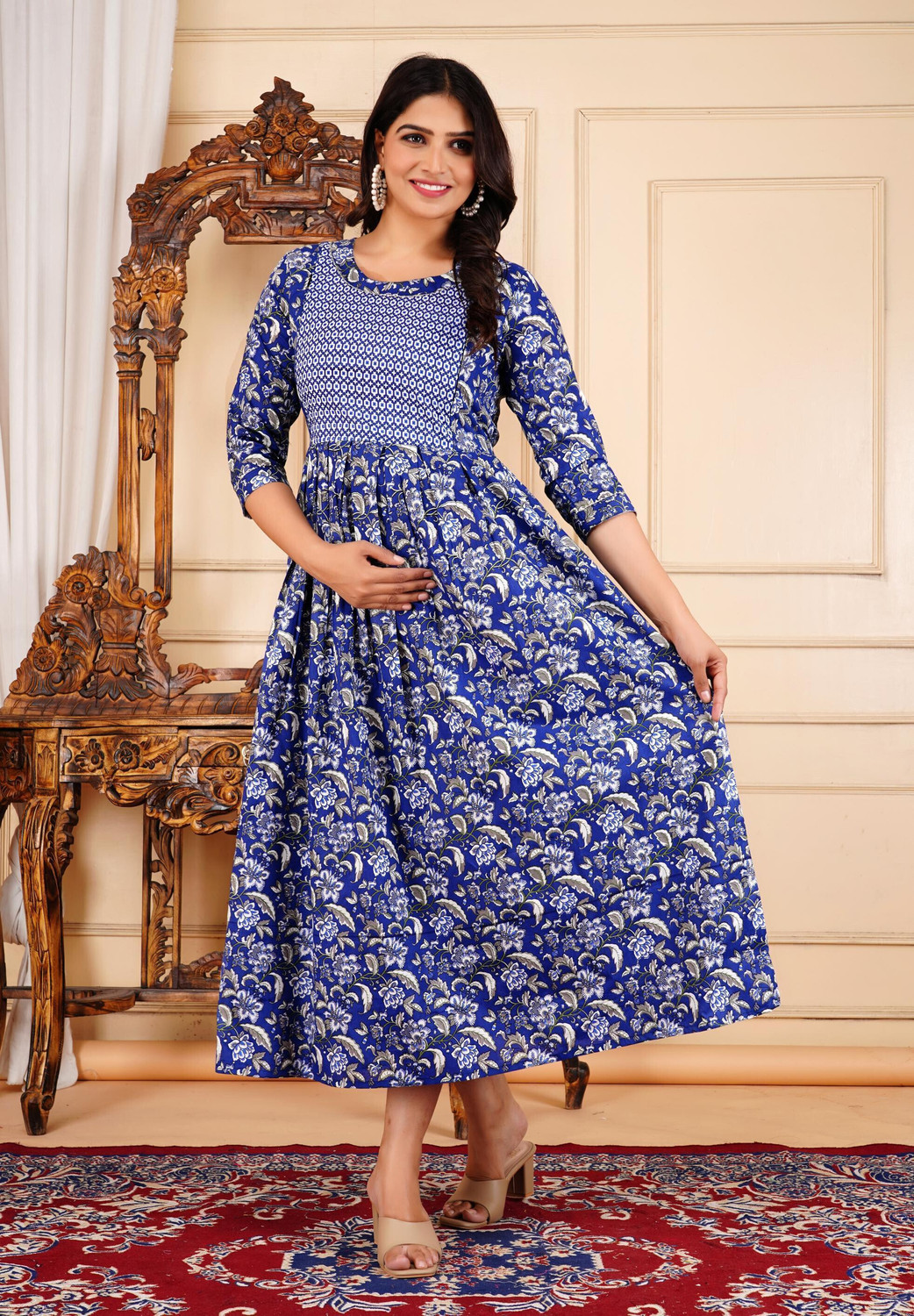 Image of PIROKI Printed Pure Cotton Anarkali Kurta for Women (Blue)