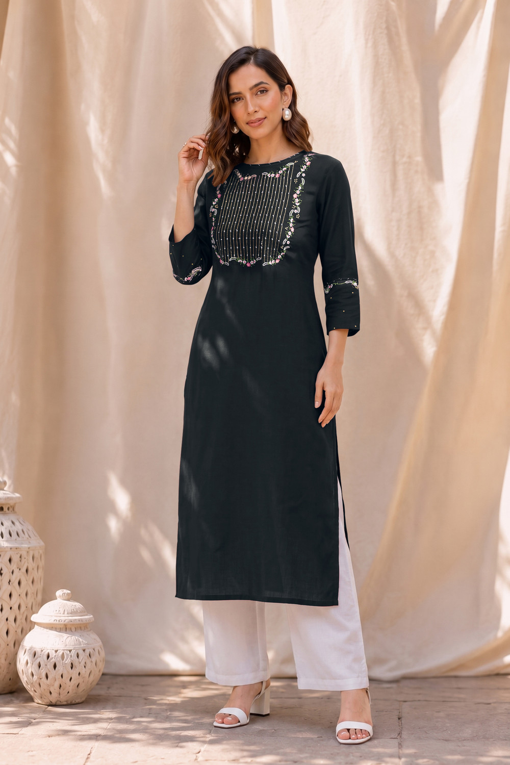 Image of MIRCHI FASHION Embroidered Viscose Rayon Straight Kurta for Women (Black)
