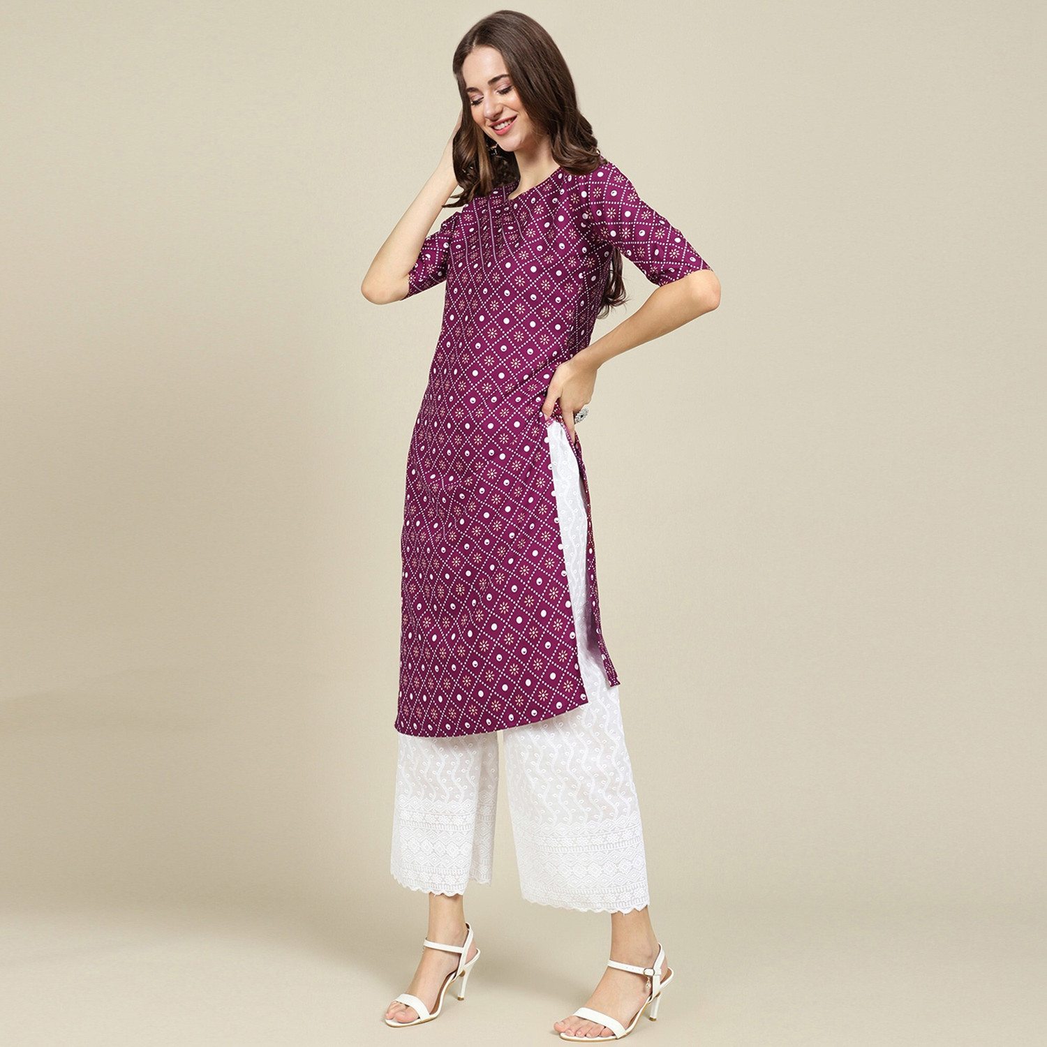 Image of EthnicBasket Printed Crepe Straight Kurta for Women (Purple)