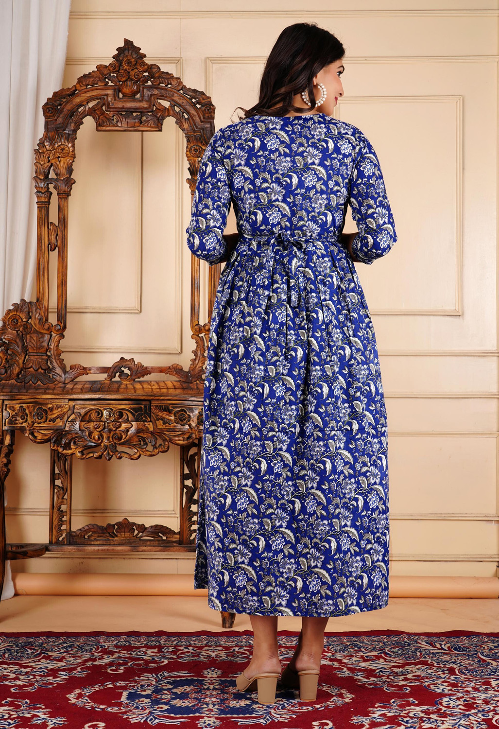 Image of PIROKI Printed Pure Cotton Anarkali Kurta for Women (Blue)