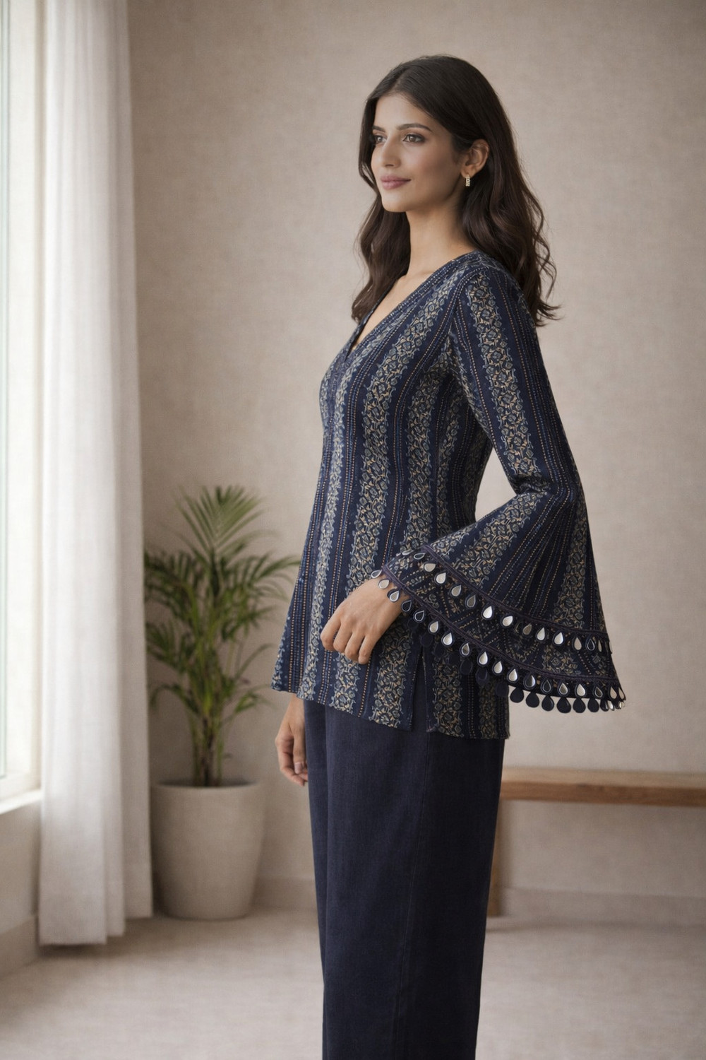 Image of Donne Tenaci Striped, Printed, Embellished Cotton Blend Straight Kurta for Women (Blue)