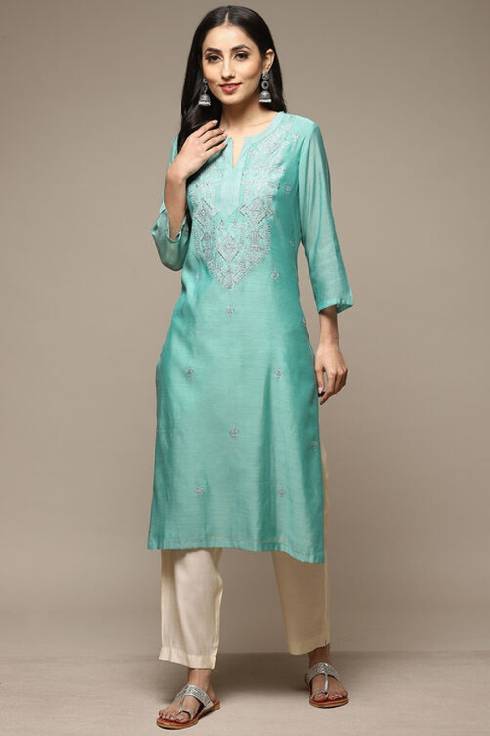 Image of BIBA Solid Viscose Rayon Straight Kurta for Women (Yellow)