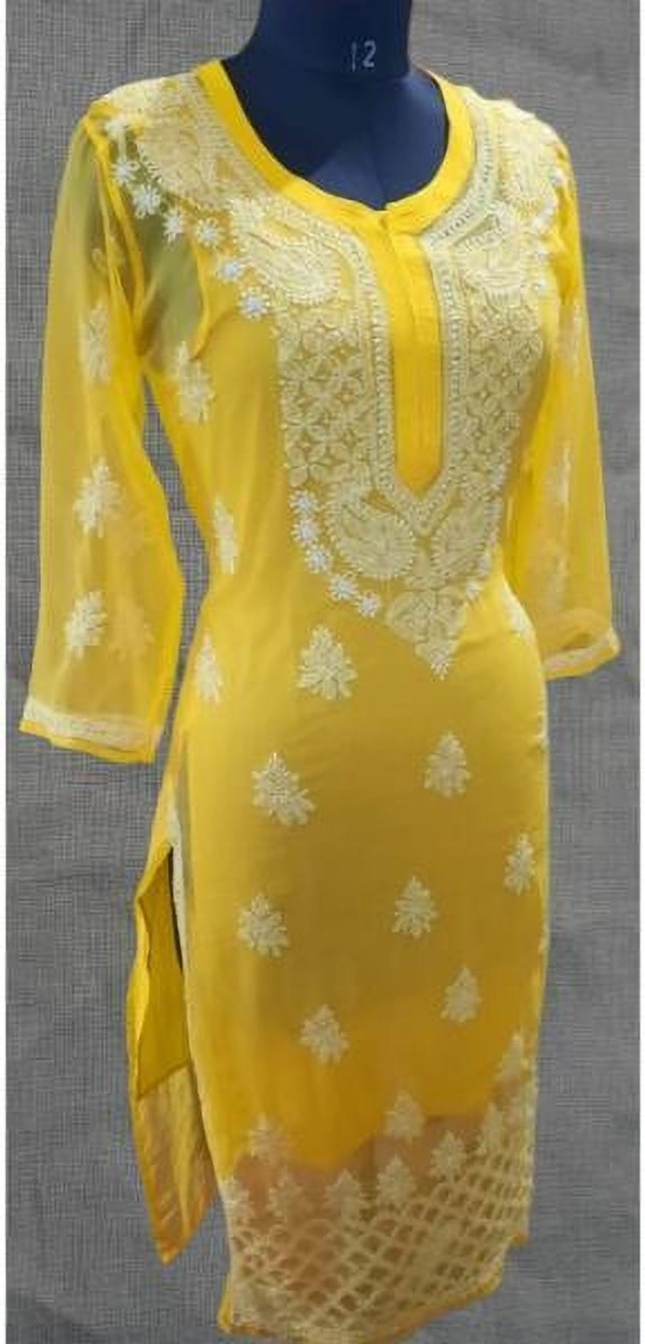 Image of ElegantFashion Chikan Embroidery Georgette A-line Kurta for Women (Yellow)
