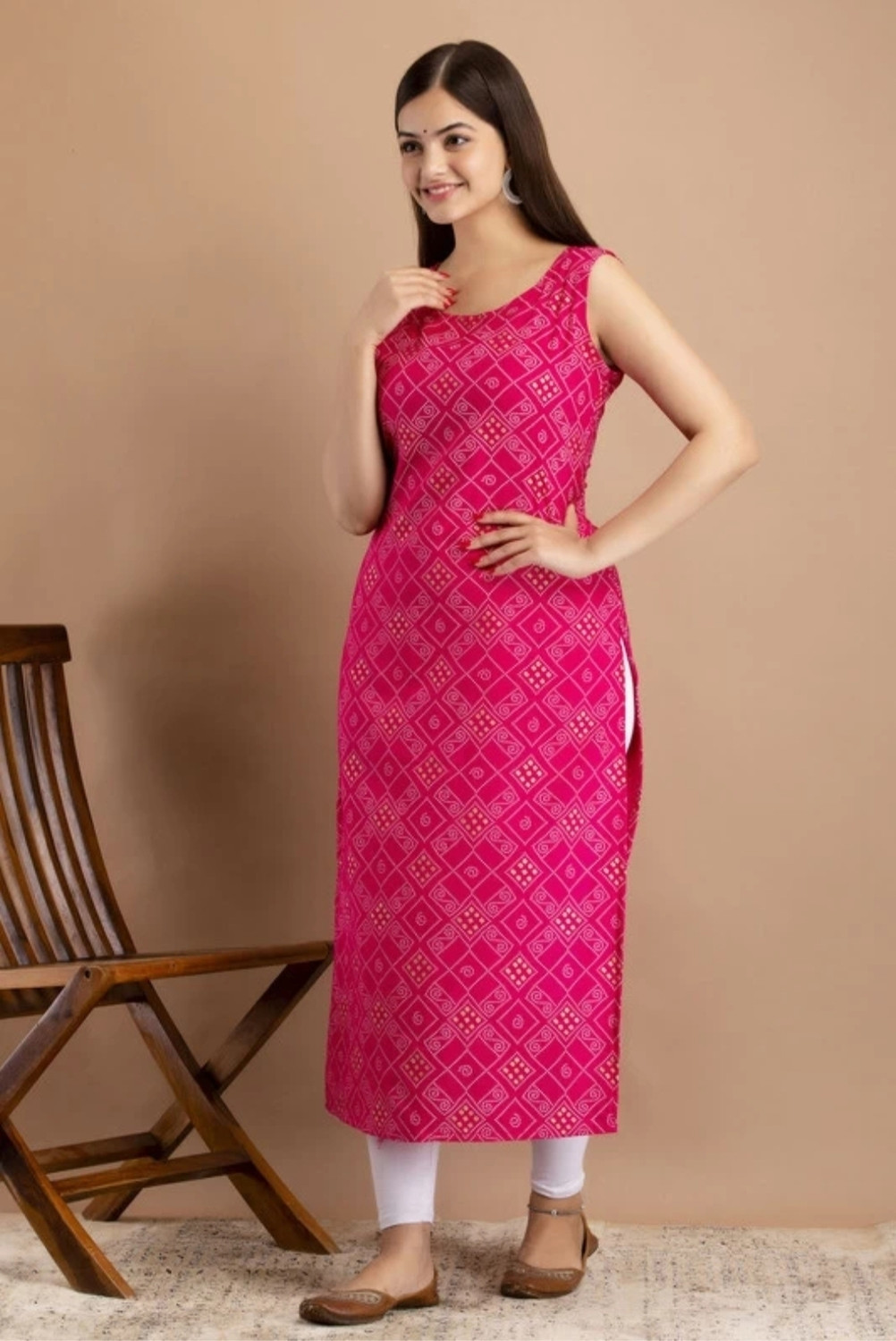Image of A C KANANI Printed Viscose Rayon Straight Kurta for Women (Pink)