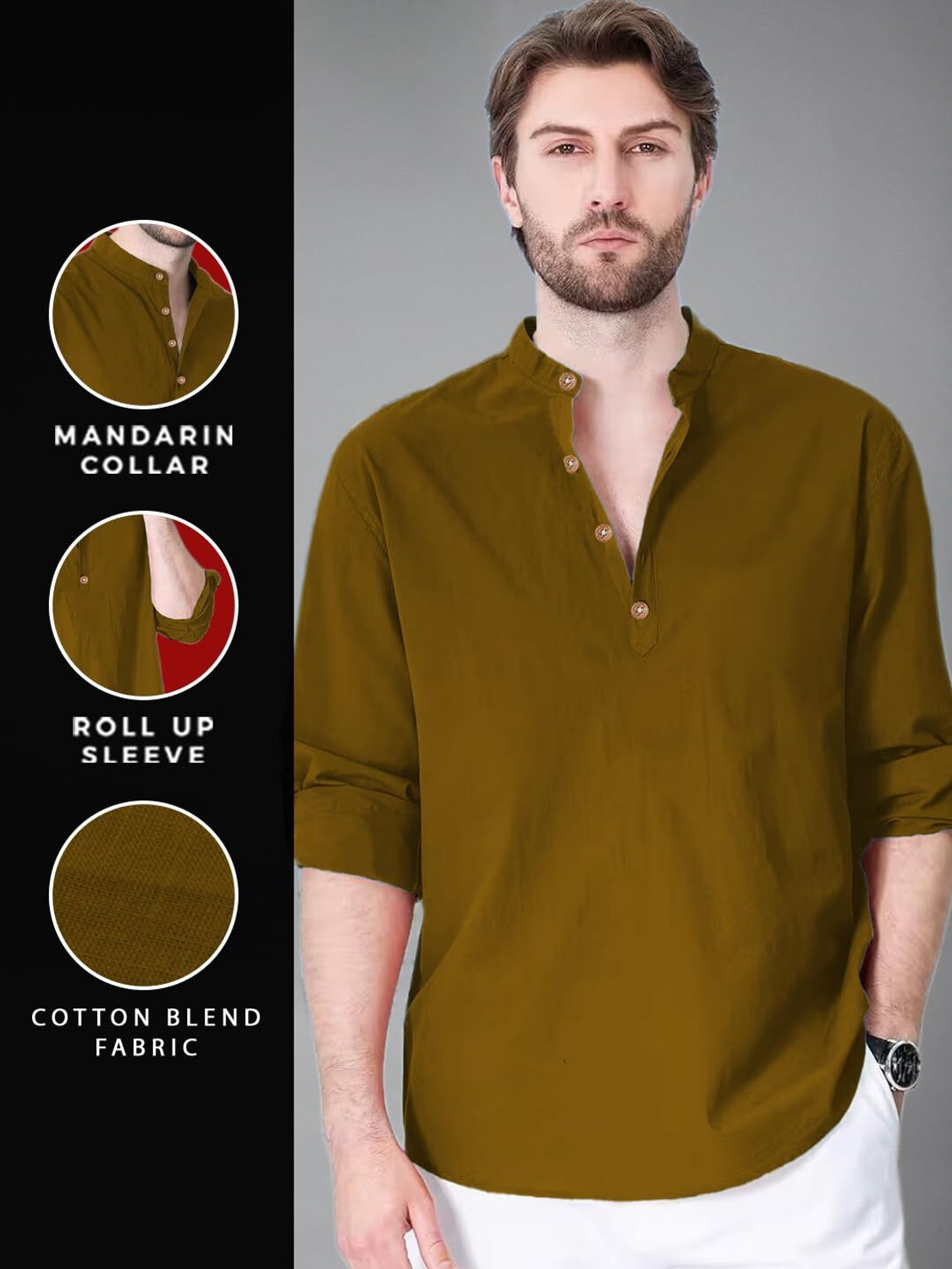 Image of Vashuqi Solid Cotton Blend Straight Kurta for Men (Brown)