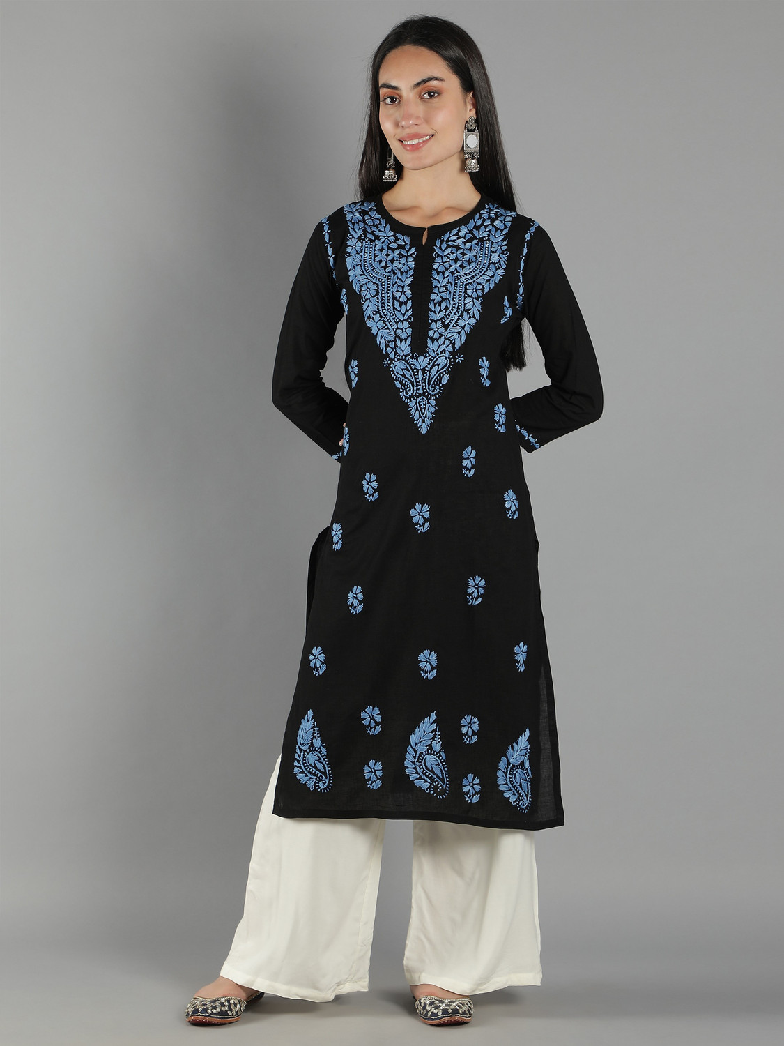 Image of Donne Tenaci Striped, Printed, Embellished Cotton Blend Straight Kurta for Women (Blue)