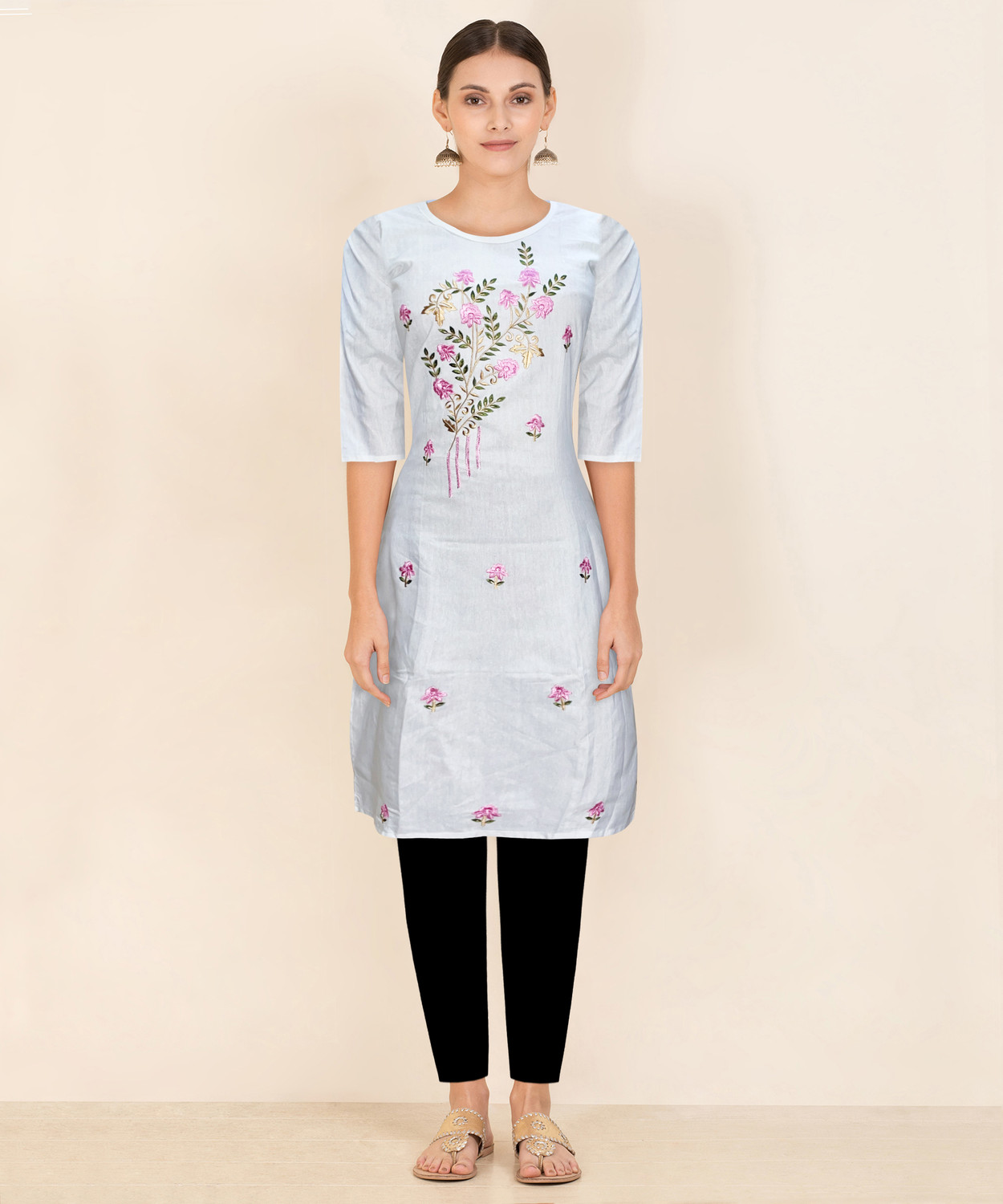 Image of Asad Embroidered Cotton Blend Straight Kurta for Women (Blue)