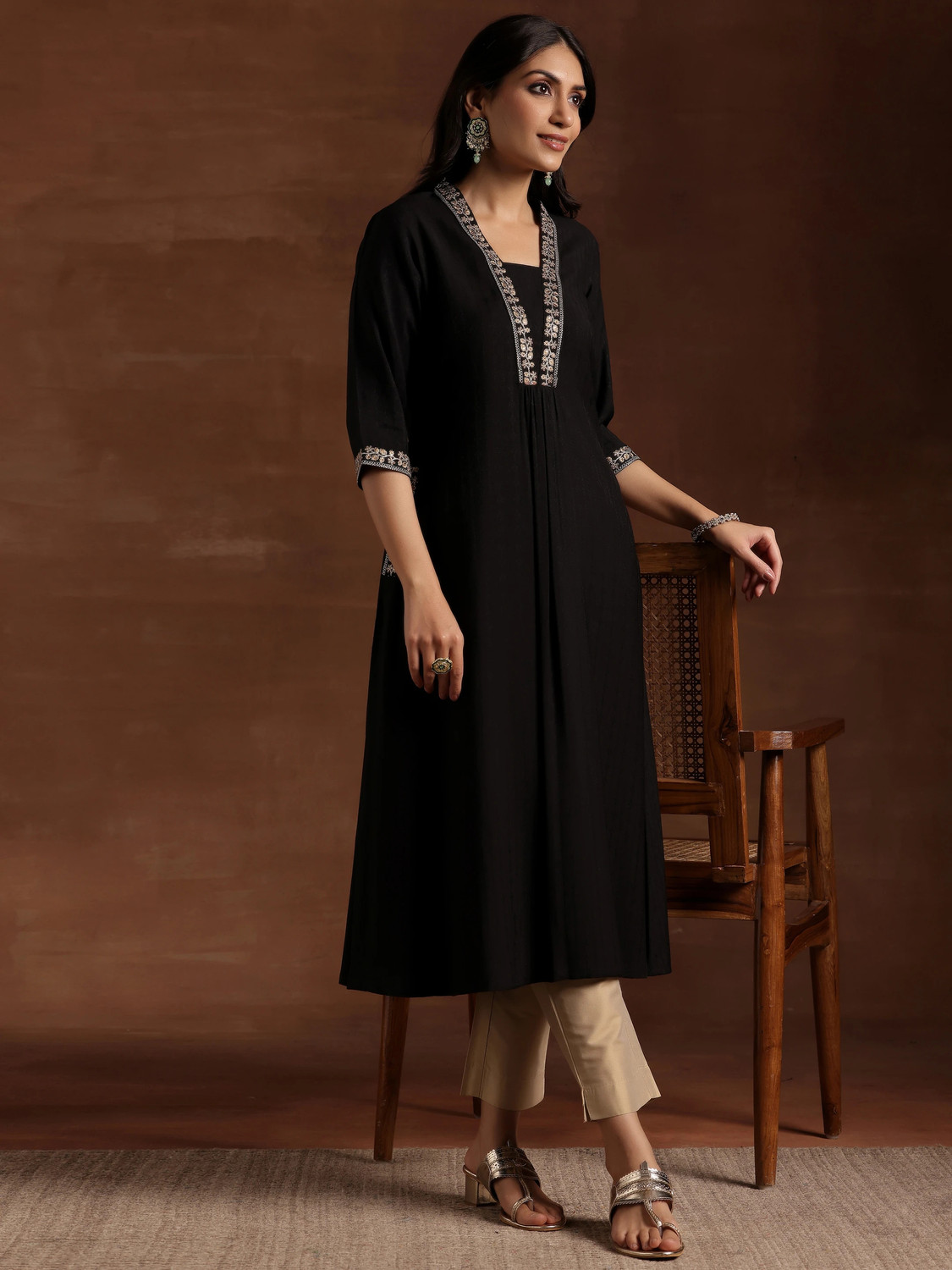 Image of LIBAS Embellished Silk Blend A-line Kurta for Women (Blue)