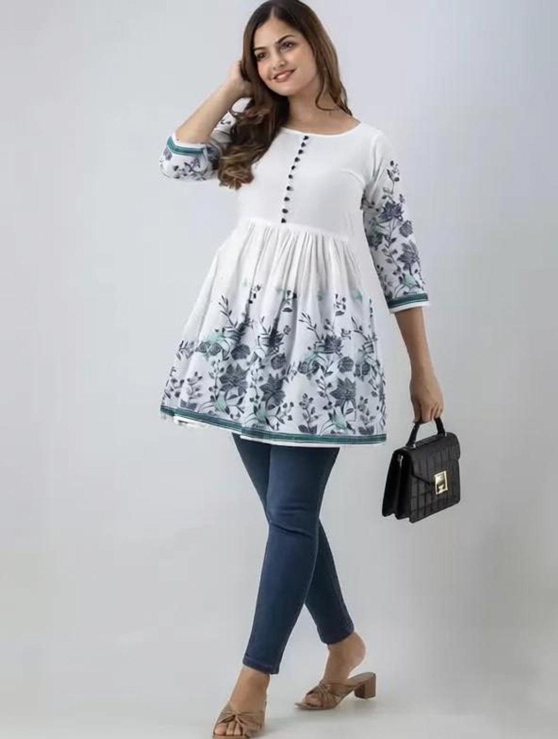 Image of HINGLAJRAJ Floral Print Pure Cotton Flared Kurta for Women (White)